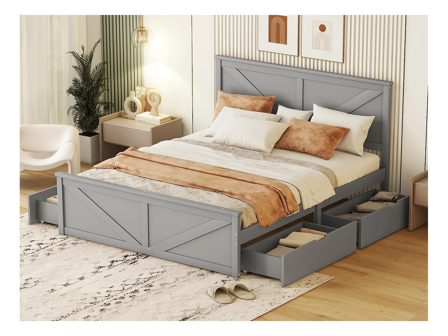 Houten tweepersoonsbed 160 x 200 cm met 4 laden, inclusief lattenbodem, Grijs