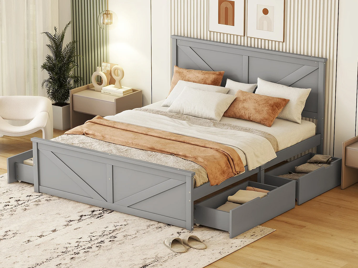 Houten tweepersoonsbed 160 x 200 cm met 4 laden, inclusief lattenbodem, Grijs