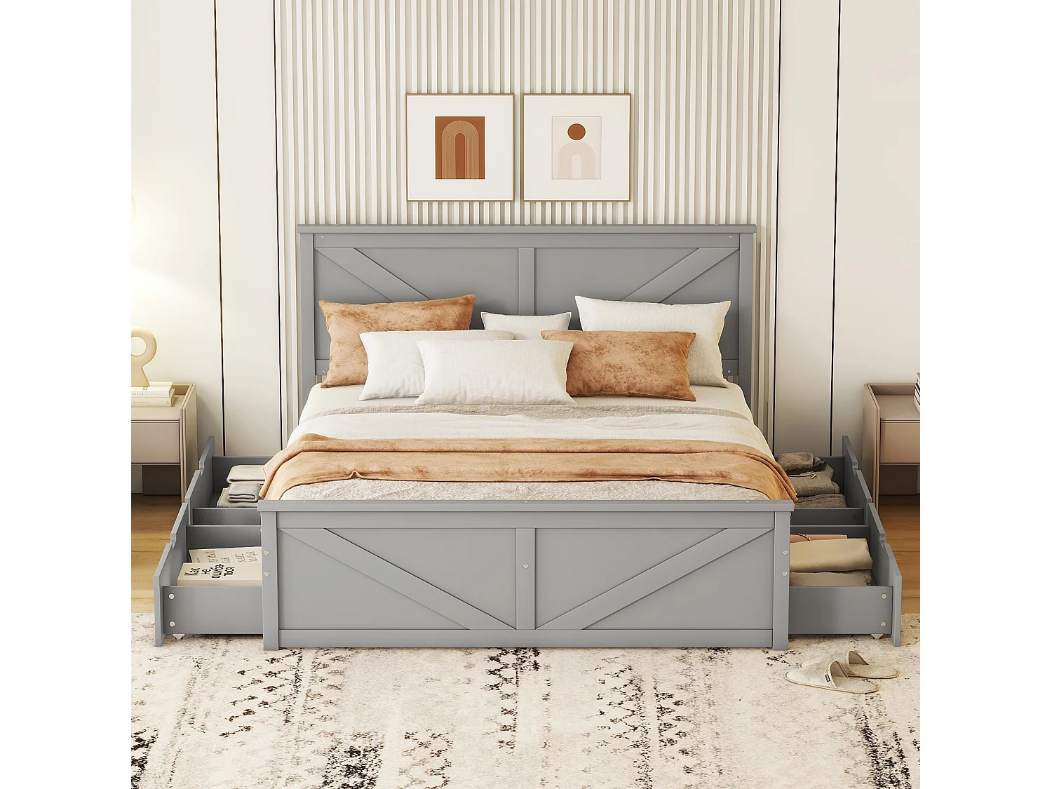 Houten tweepersoonsbed 160 x 200 cm met 4 laden, inclusief lattenbodem, Grijs