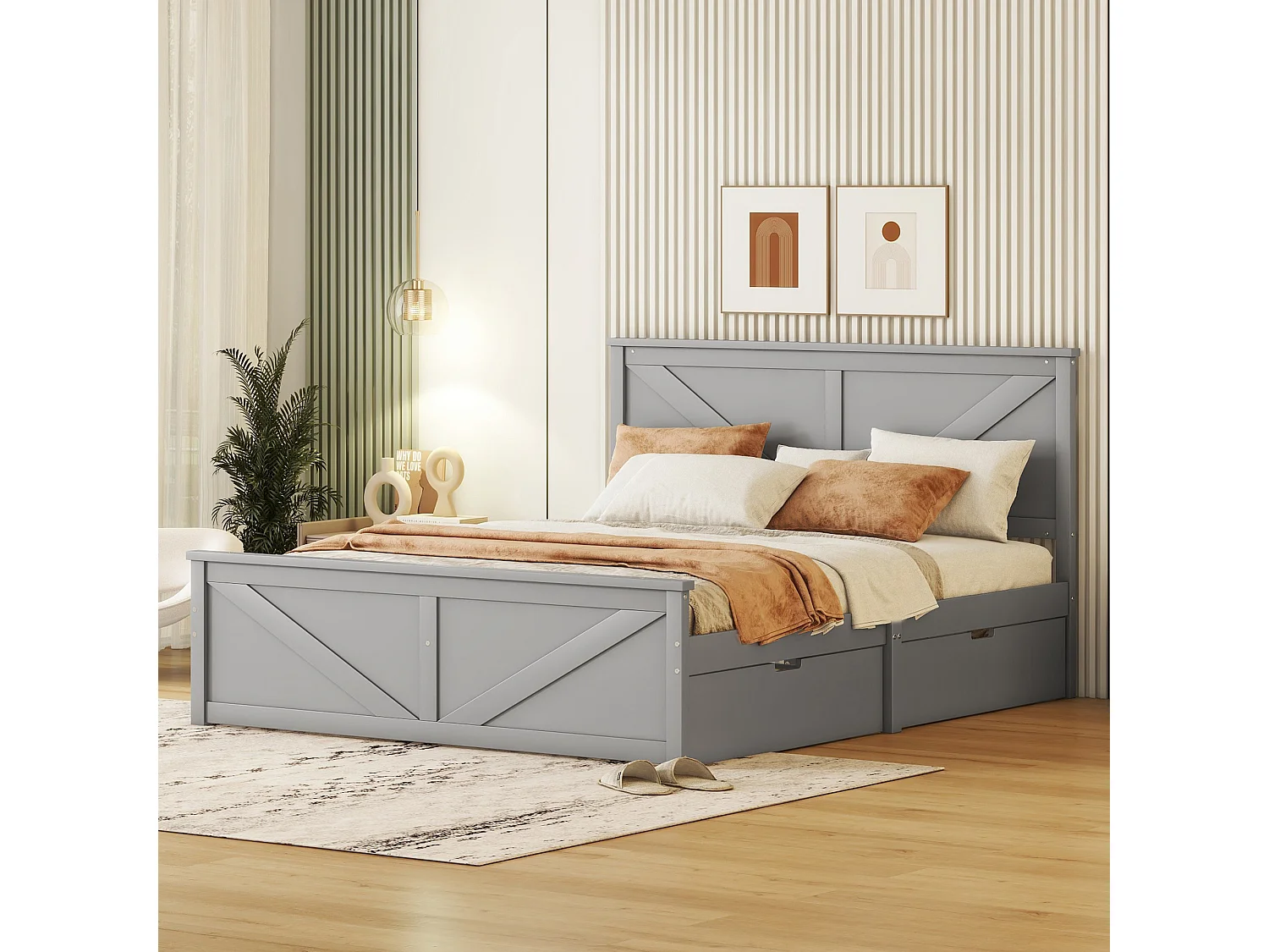 Houten tweepersoonsbed 160 x 200 cm met 4 laden, inclusief lattenbodem, Grijs