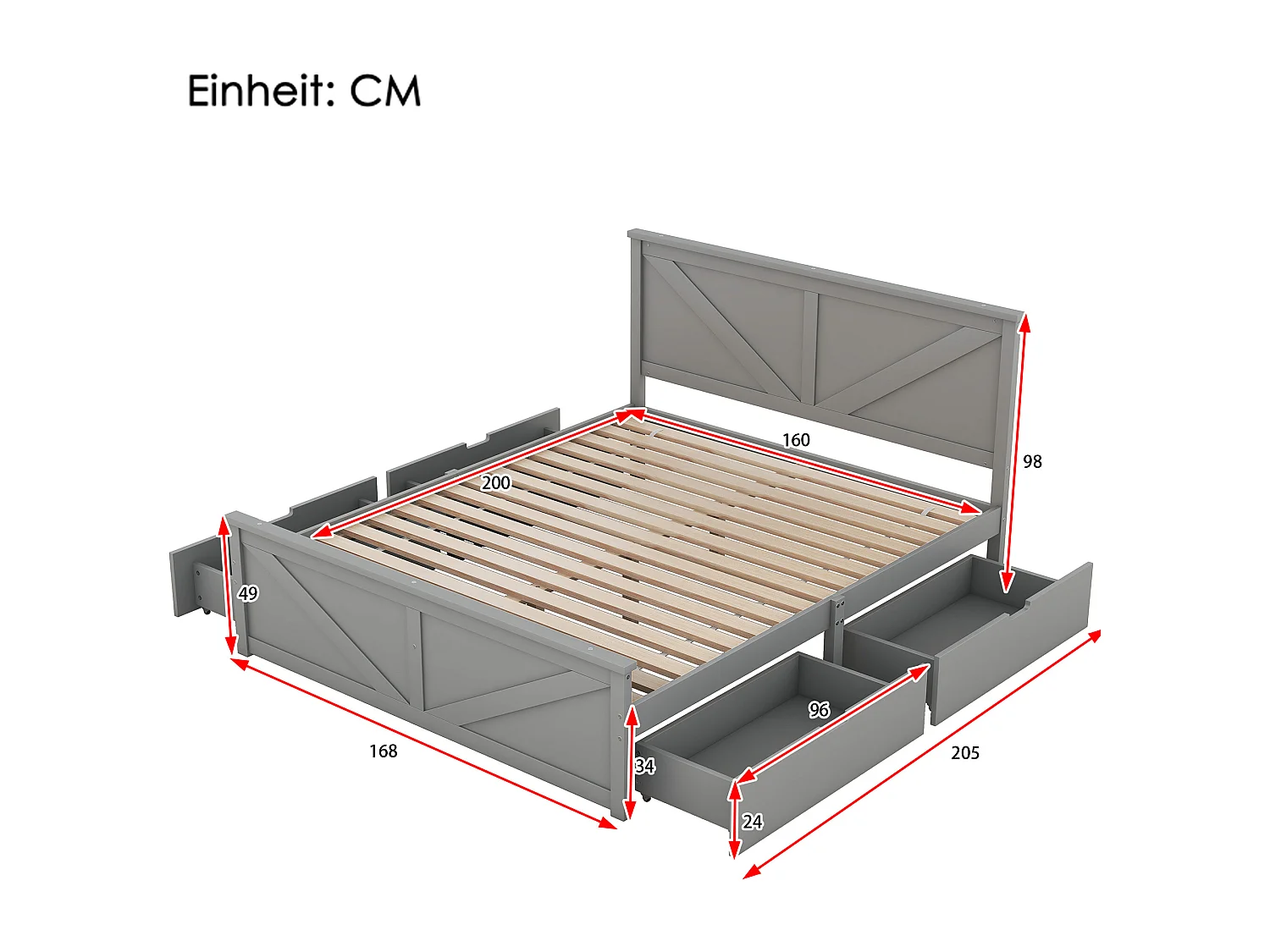 Houten tweepersoonsbed 160 x 200 cm met 4 laden, inclusief lattenbodem, Grijs