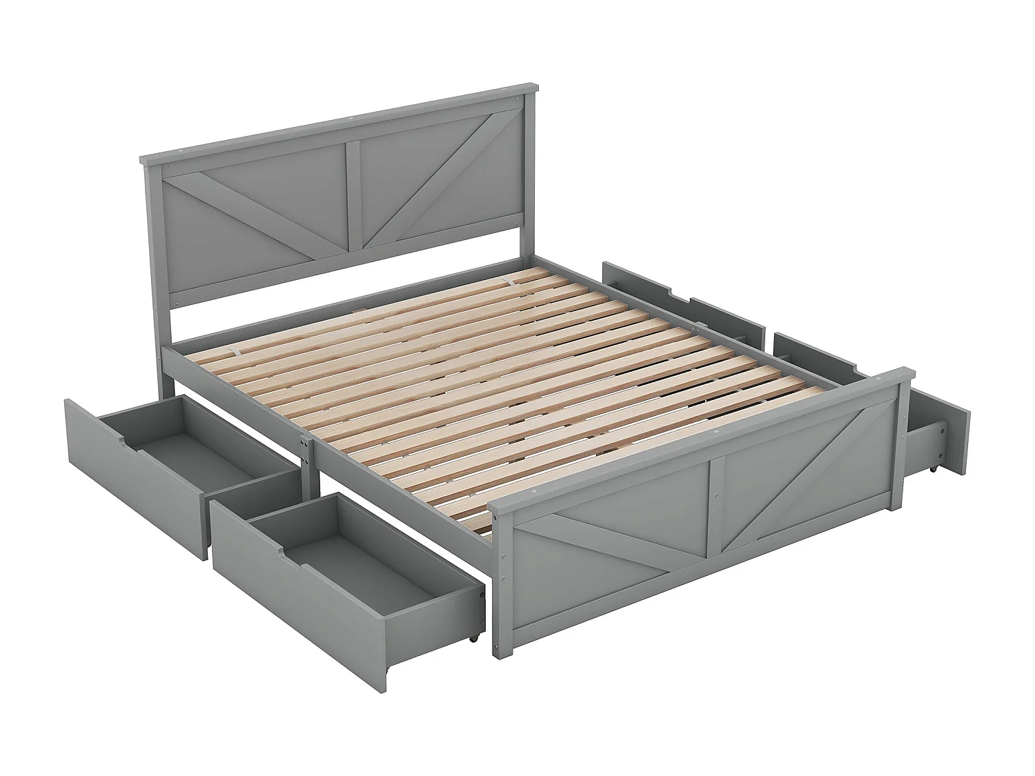 Houten tweepersoonsbed 160 x 200 cm met 4 laden, inclusief lattenbodem, Grijs