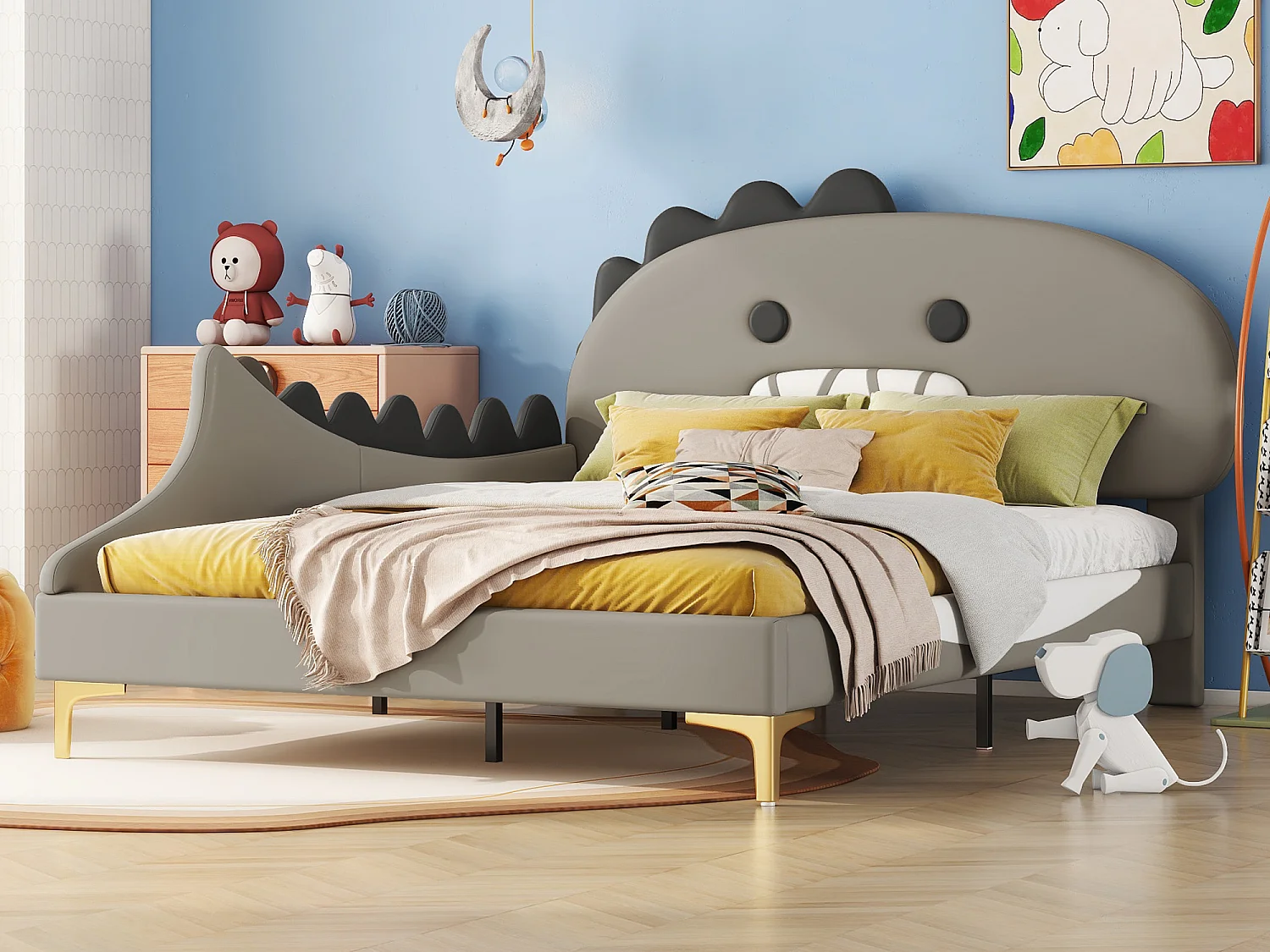 Gestoffeerd bed 140 x 200 cm met dinosaurusvormig hoofdeinde, PU leer, Lattenbodem, Grijs