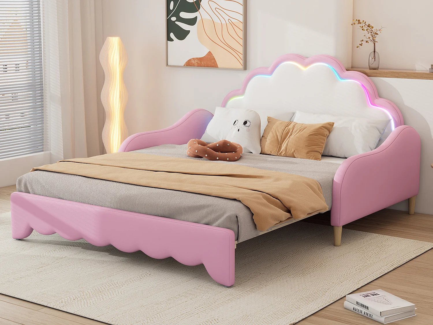 Lit capitonné extensible 140 x 200 cm avec tête de lit - LEDs - Cuir PU - Rose