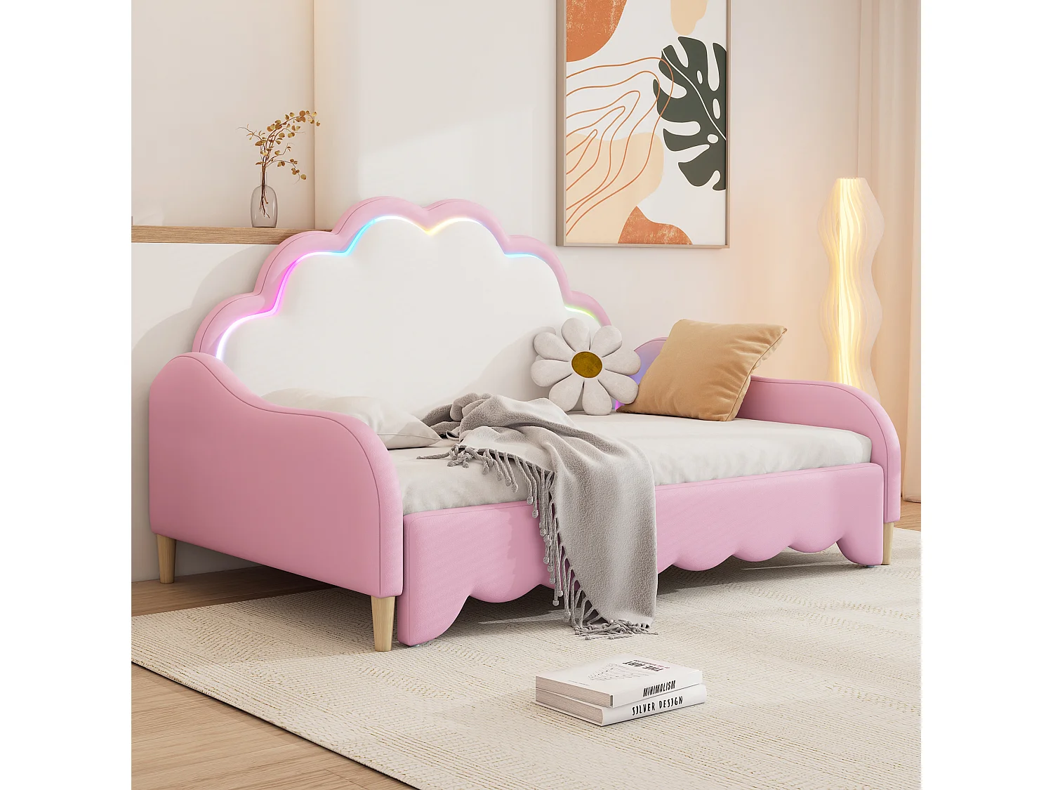 Lit capitonné extensible 140 x 200 cm avec tête de lit - LEDs - Cuir PU - Rose