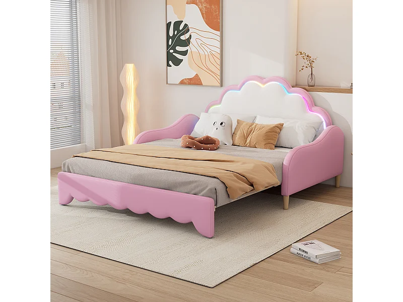 Gepolstertes ausziehbares Bett 140 x 200 cm mit Kopfteil – LEDs – PU-Leder – Rosa