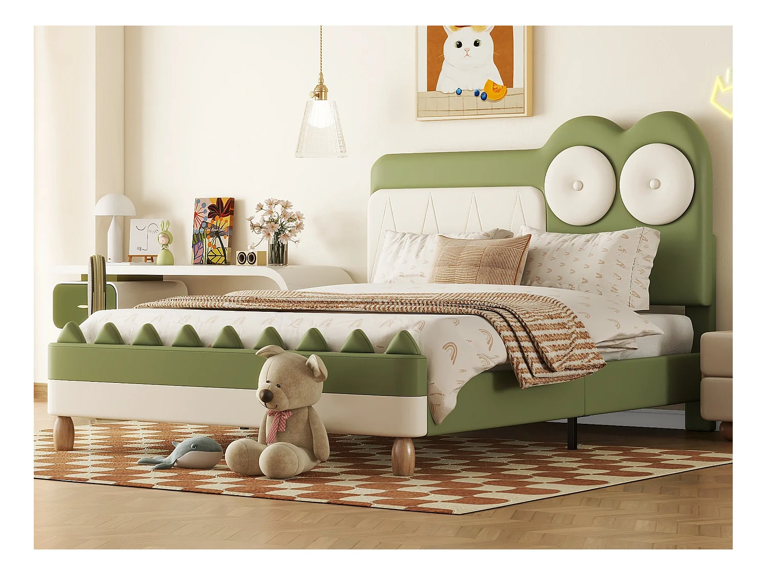 Kinderbed 140 x 200 cm met hoofdeinde - PU leer - Krokodilvorm - Groen