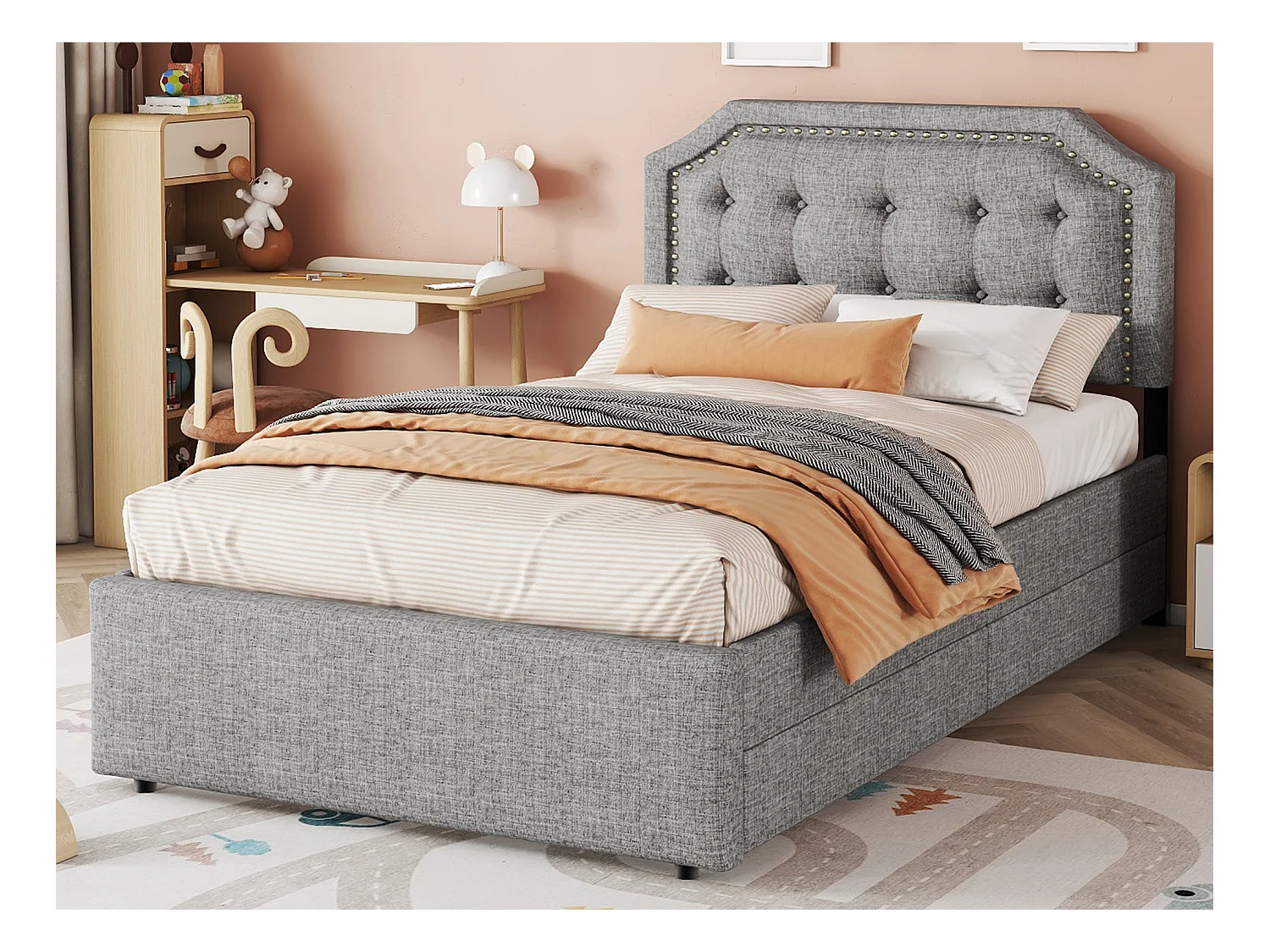 Lit capitonné 90 x 200 cm, revêtement tissu lin avec rivets décoratifs, 2 tiroirs et sommier à lattes, gris