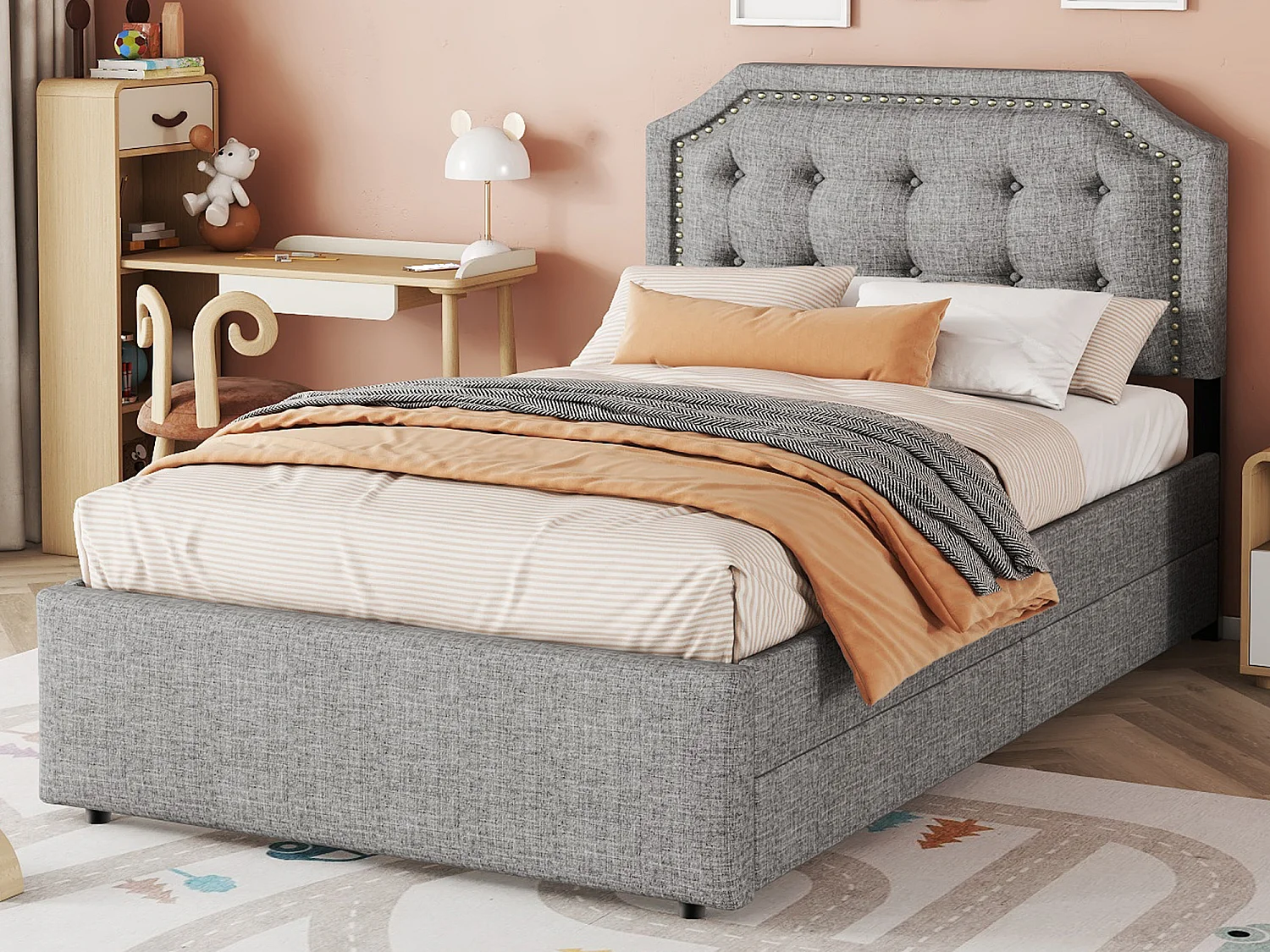 Gestoffeerd bed 90 x 200 cm, linnen stoffen bekleding met decoratieve klinknagels, 2 lades en lattenbodem, grijs