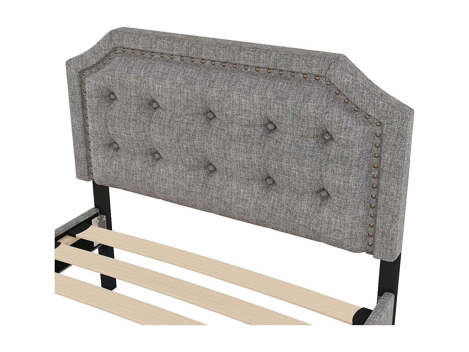 Gestoffeerd bed 90 x 200 cm, linnen stoffen bekleding met decoratieve klinknagels, 2 lades en lattenbodem, grijs