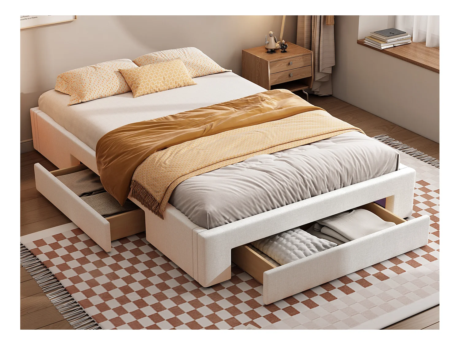 Bett 140 x 200 cm mit 3 Schubladen – Ohne Kopfteil – Leinenstoff – Boxspring inklusive – Beige