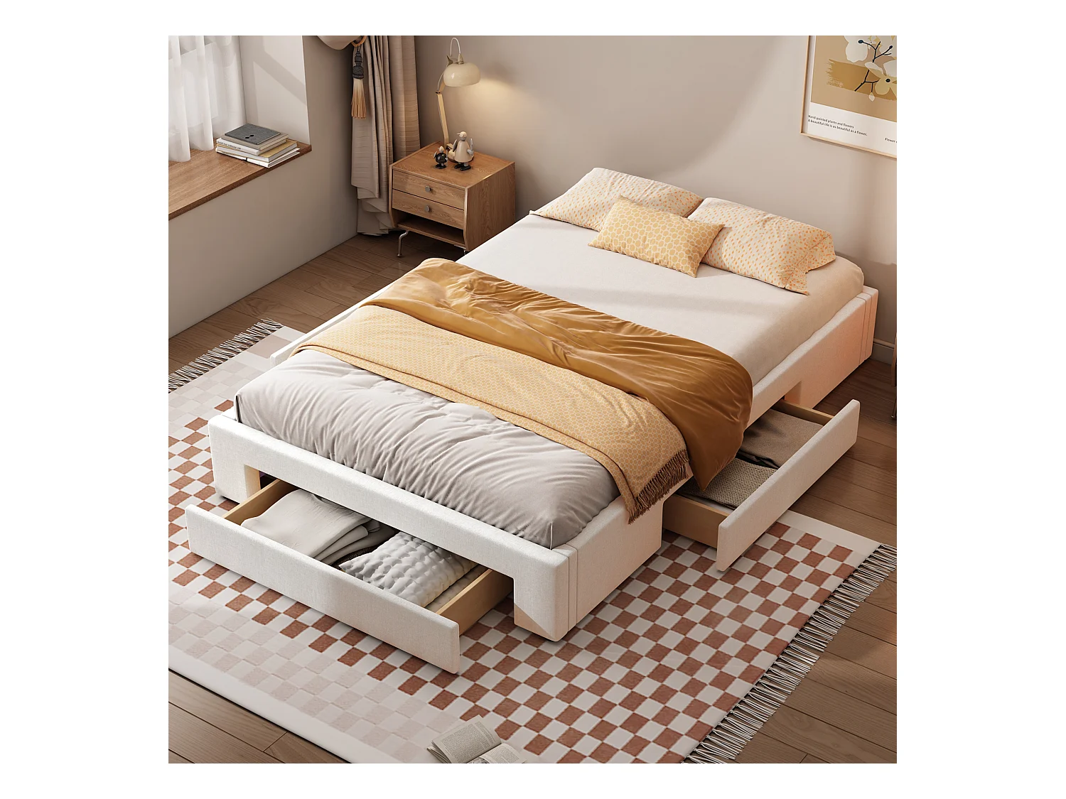 Bed 140 x 200 cm met 3 lades - Zonder hoofdeinde - Linnenstof - Inclusief boxspring - Beige