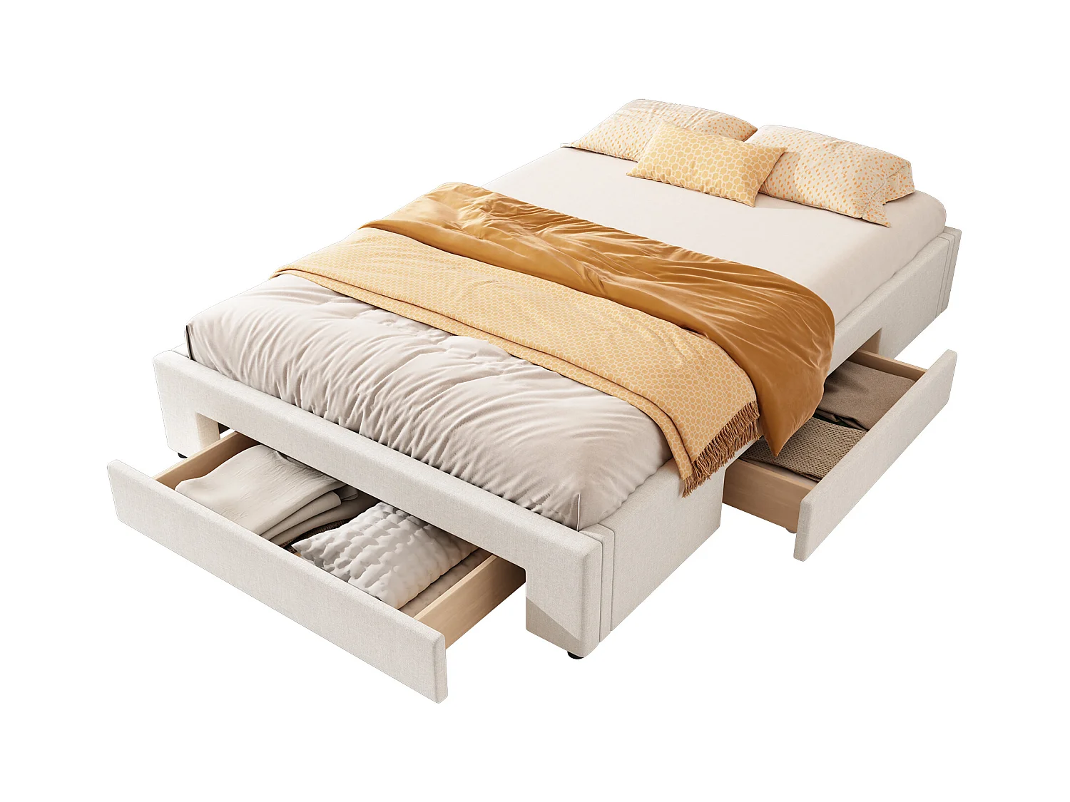 Bed 140 x 200 cm met 3 lades - Zonder hoofdeinde - Linnenstof - Inclusief boxspring - Beige