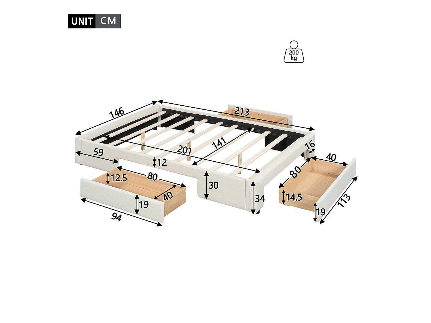 Bed 140 x 200 cm met 3 lades - Zonder hoofdeinde - Linnenstof - Inclusief boxspring - Beige
