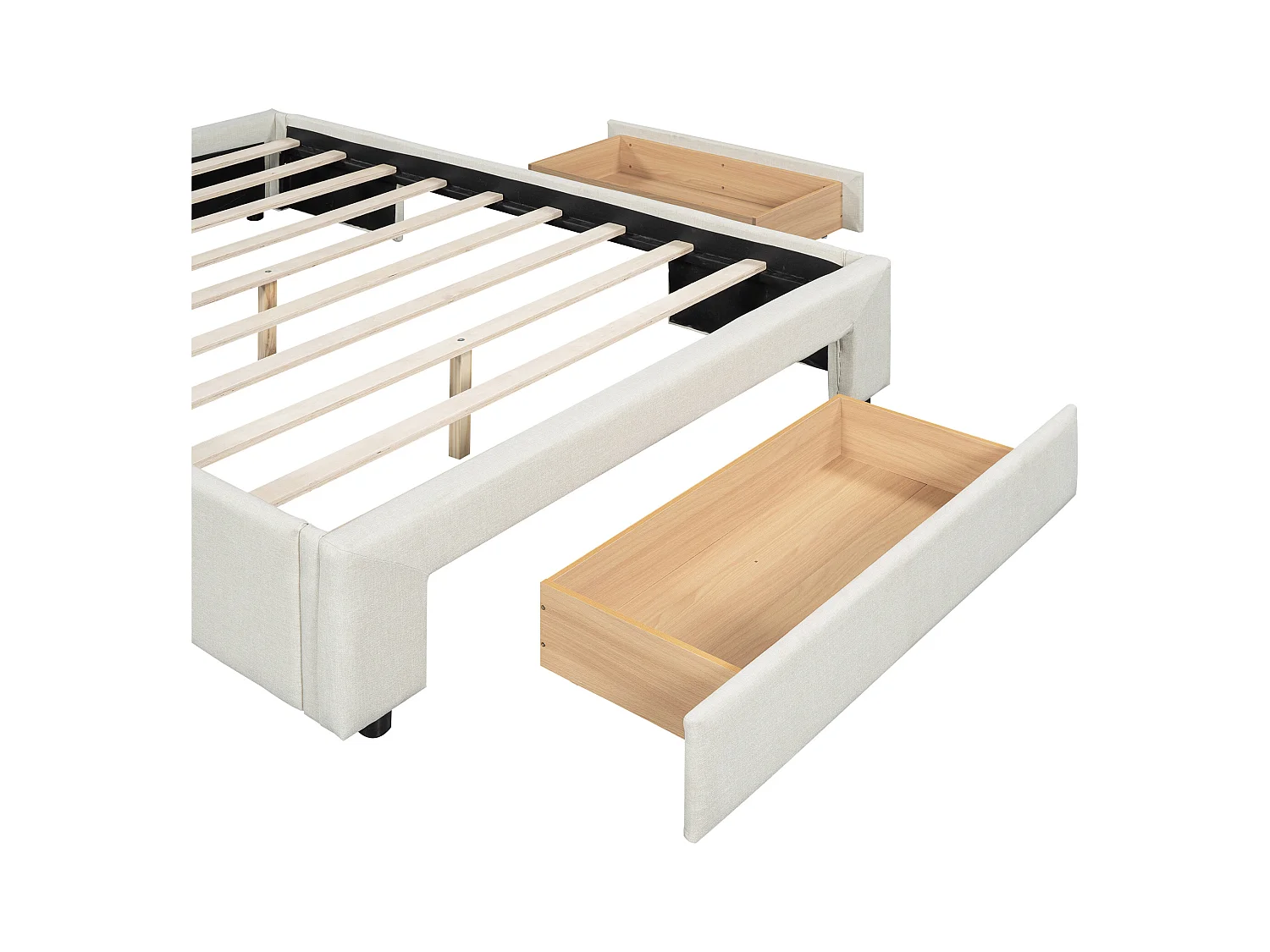 Bed 140 x 200 cm met 3 lades - Zonder hoofdeinde - Linnenstof - Inclusief boxspring - Beige