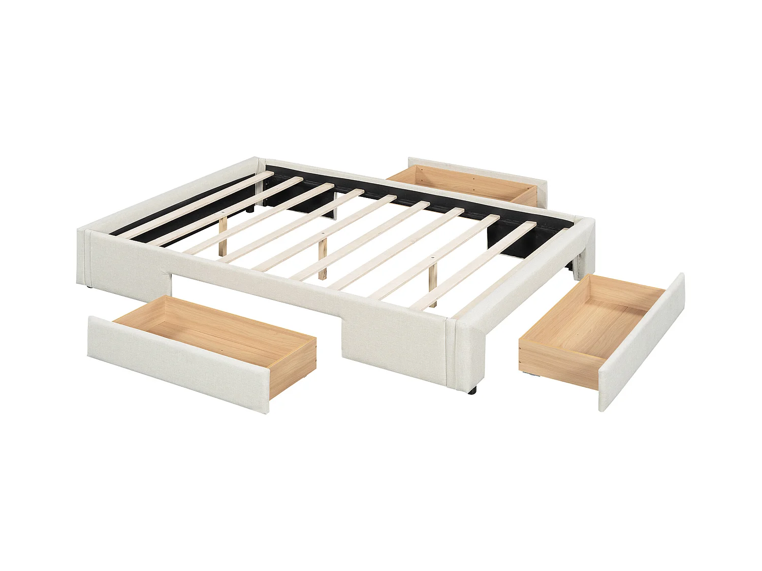 Bed 140 x 200 cm met 3 lades - Zonder hoofdeinde - Linnenstof - Inclusief boxspring - Beige
