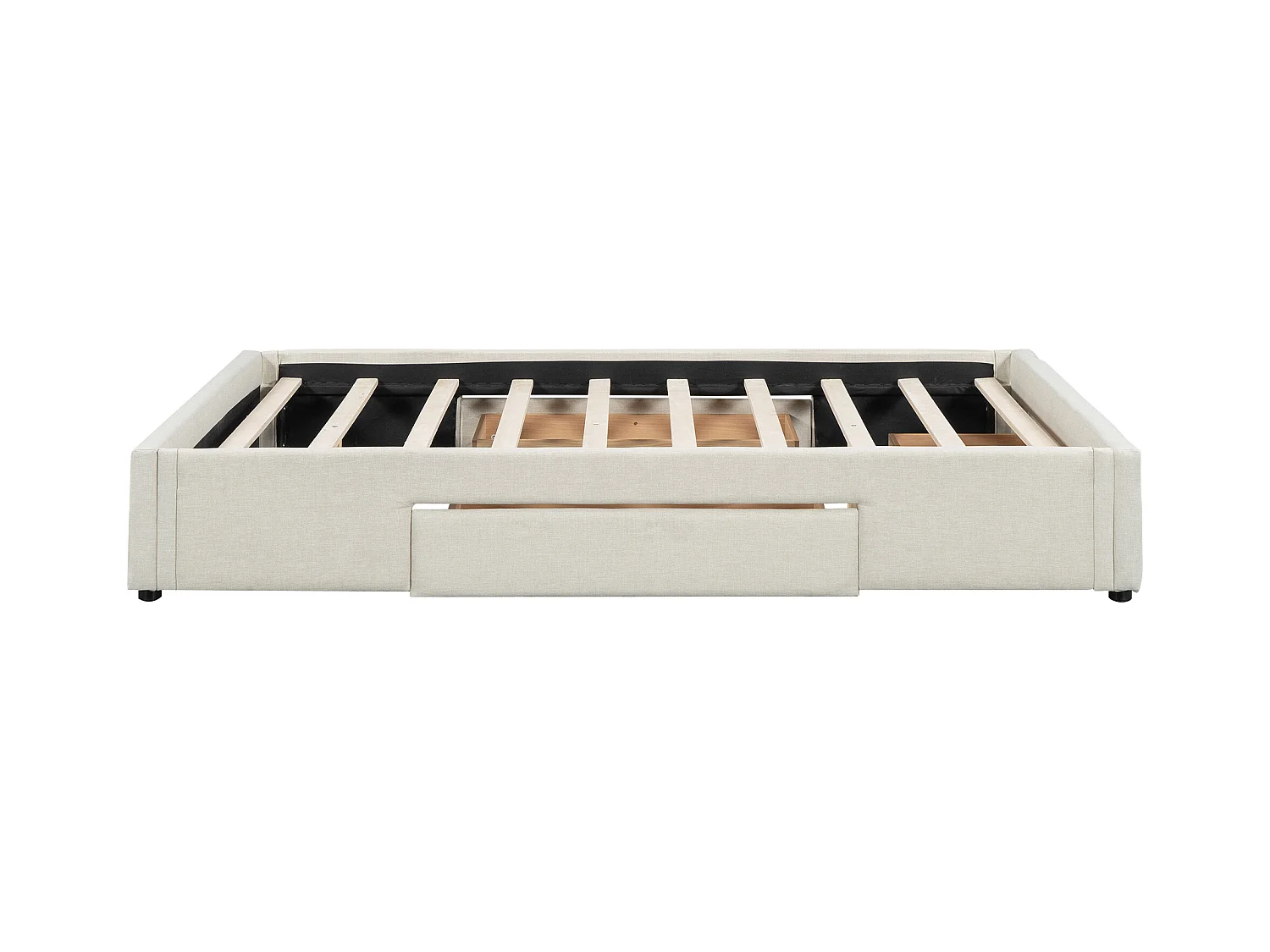 Bed 140 x 200 cm met 3 lades - Zonder hoofdeinde - Linnenstof - Inclusief boxspring - Beige