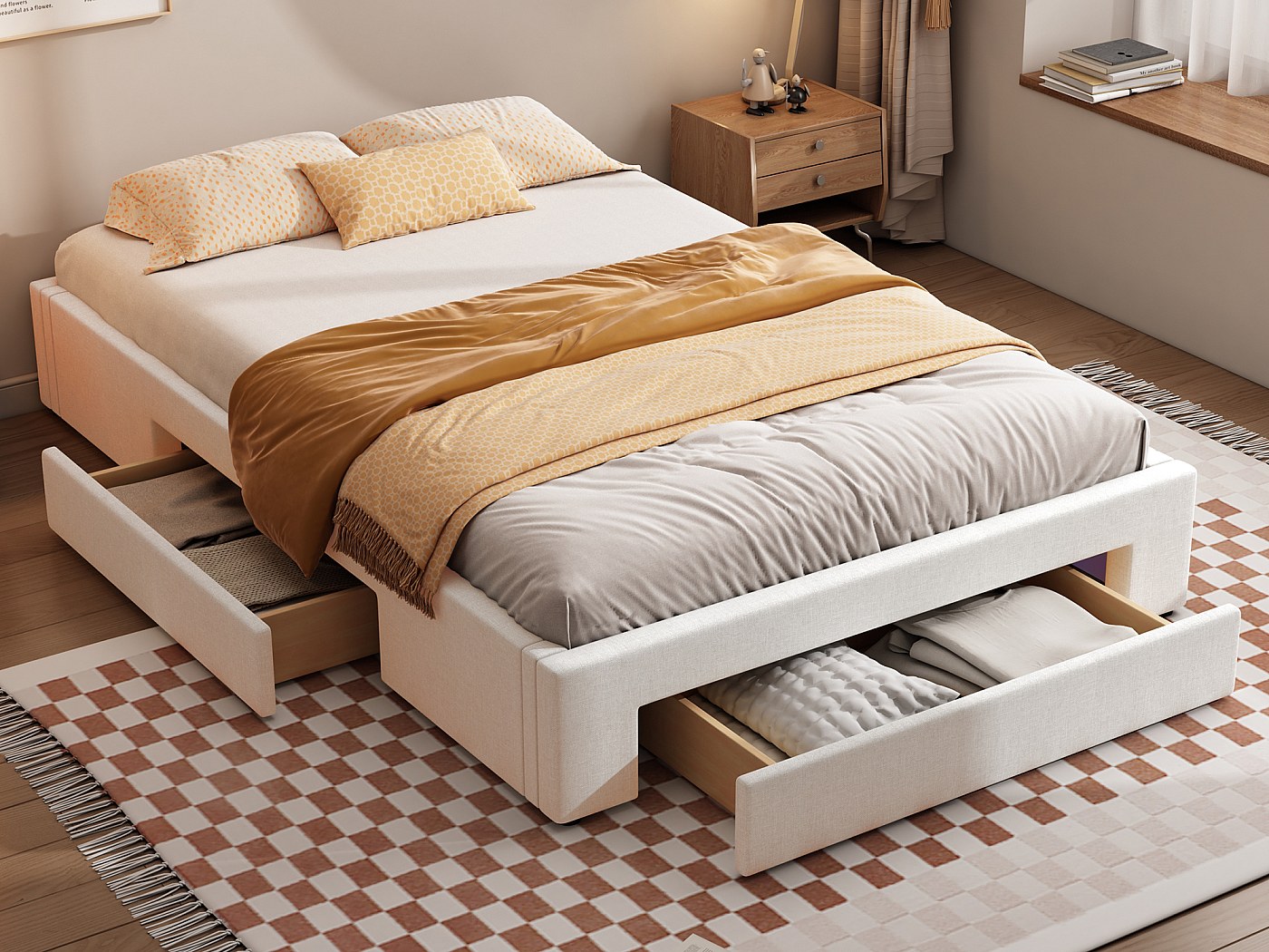 Cama 140 x 200 cm con 3 cajones - Sin cabecero - Tela de lino - Somier ...