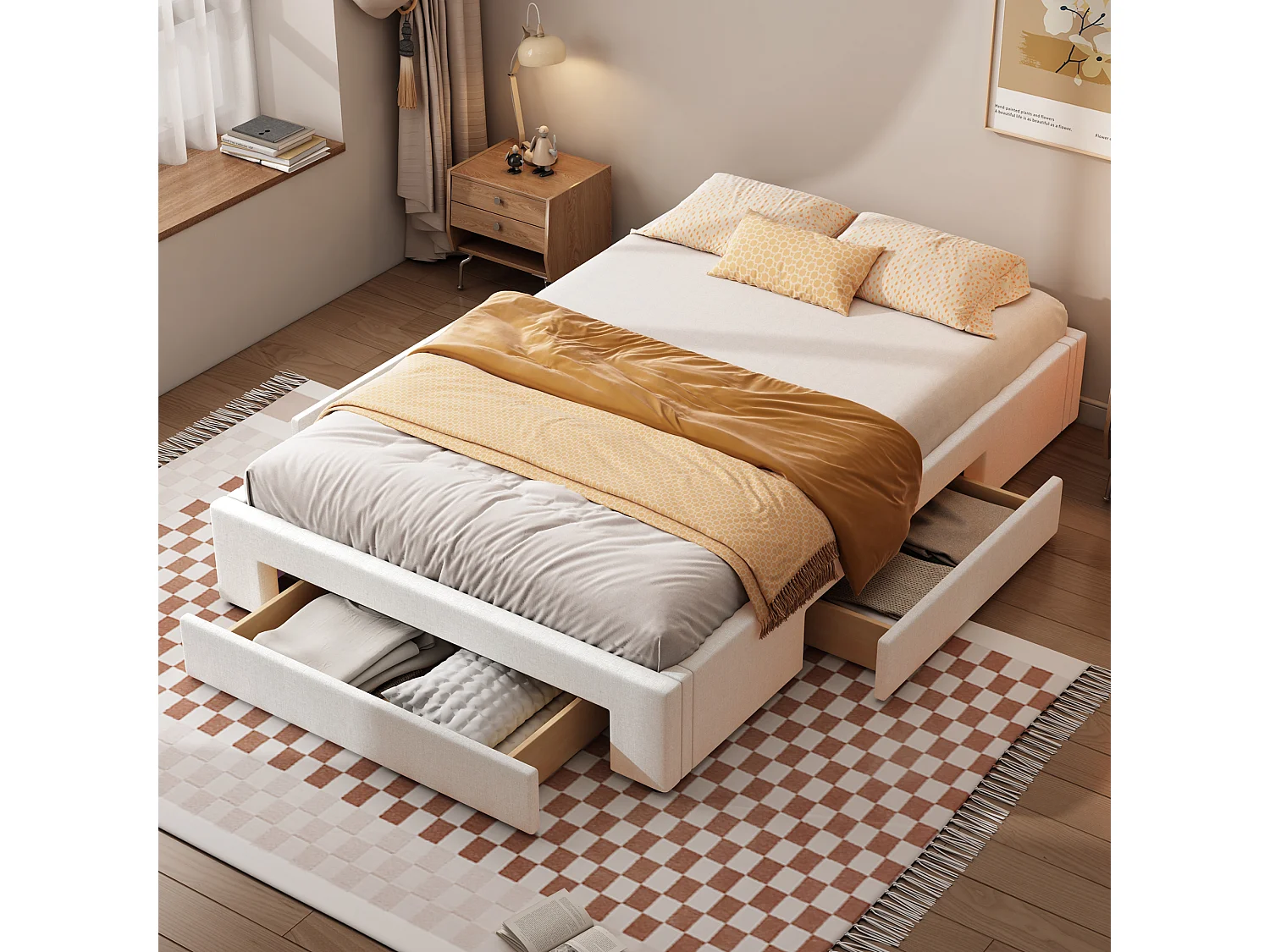 Lit 140 x 200 cm avec 3 tiroirs - Sans tête de lit - Tissu lin - Sommier inclus - Beige