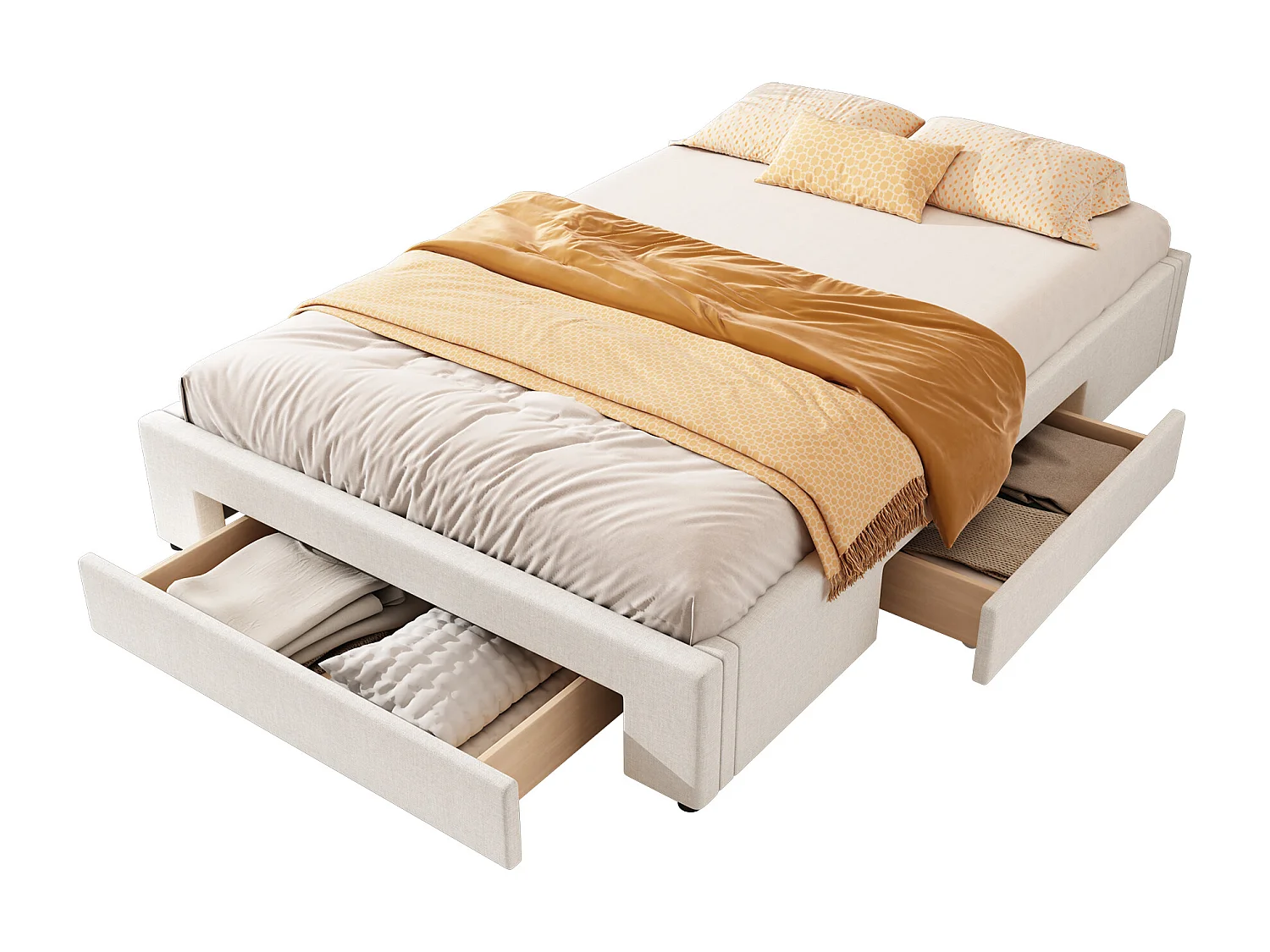 Lit 140 x 200 cm avec 3 tiroirs - Sans tête de lit - Tissu lin - Sommier inclus - Beige