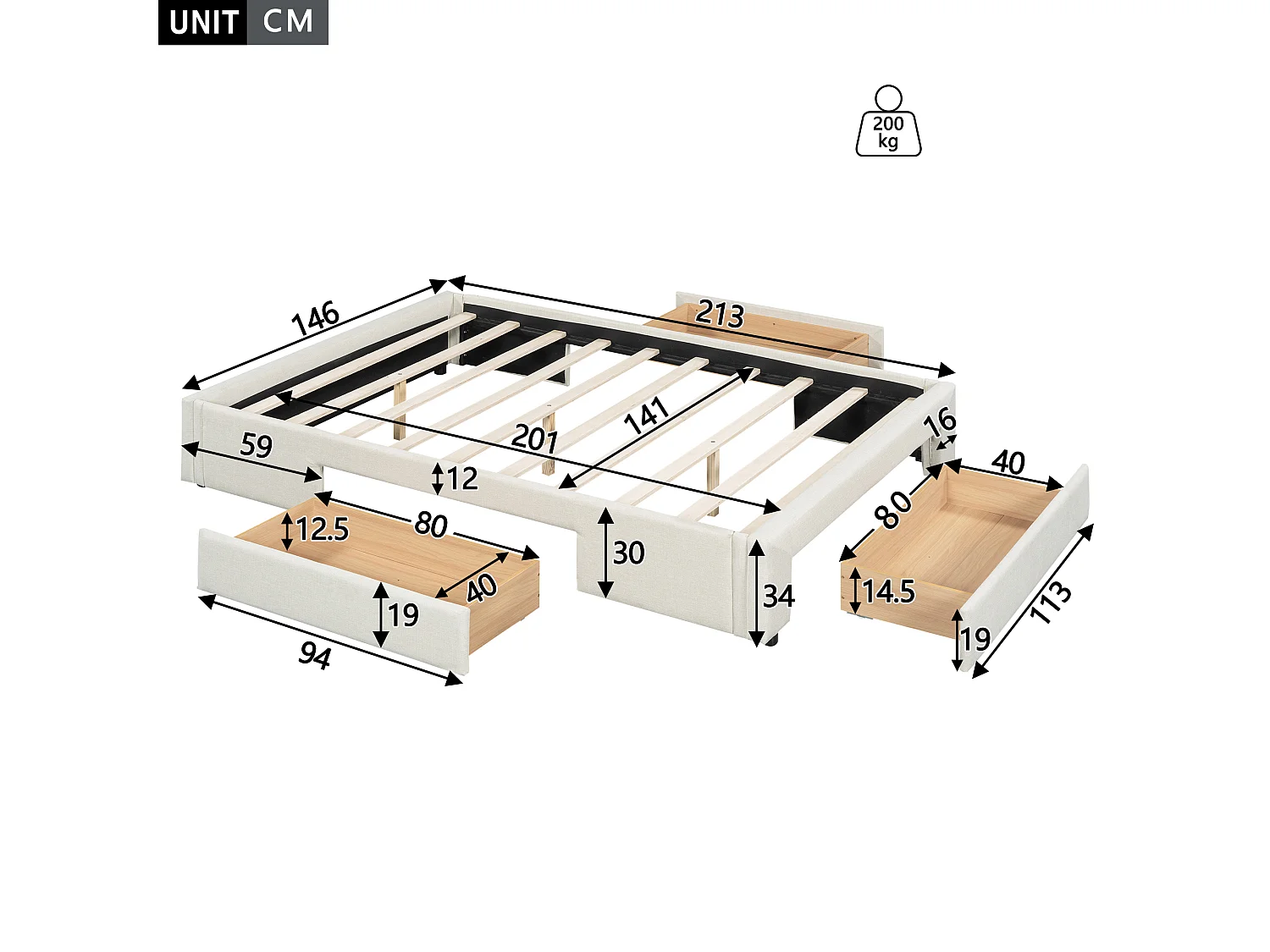Lit 140 x 200 cm avec 3 tiroirs - Sans tête de lit - Tissu lin - Sommier inclus - Beige