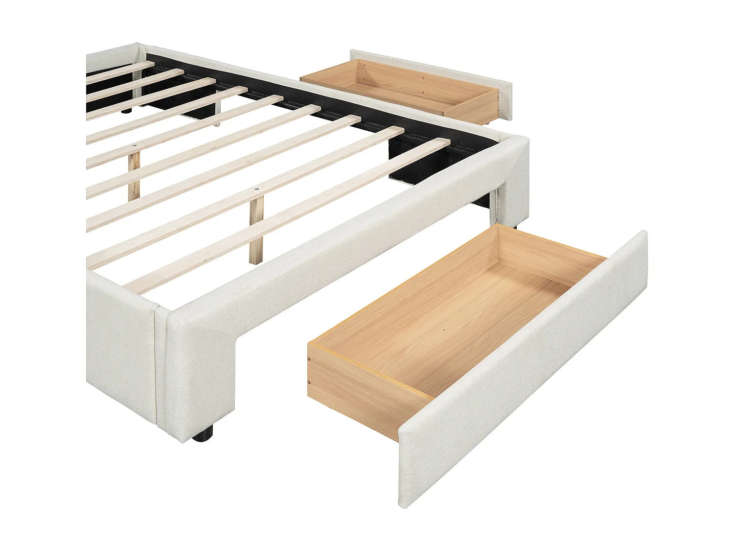 Lit 140 x 200 cm avec 3 tiroirs - Sans tête de lit - Tissu lin - Sommier inclus - Beige