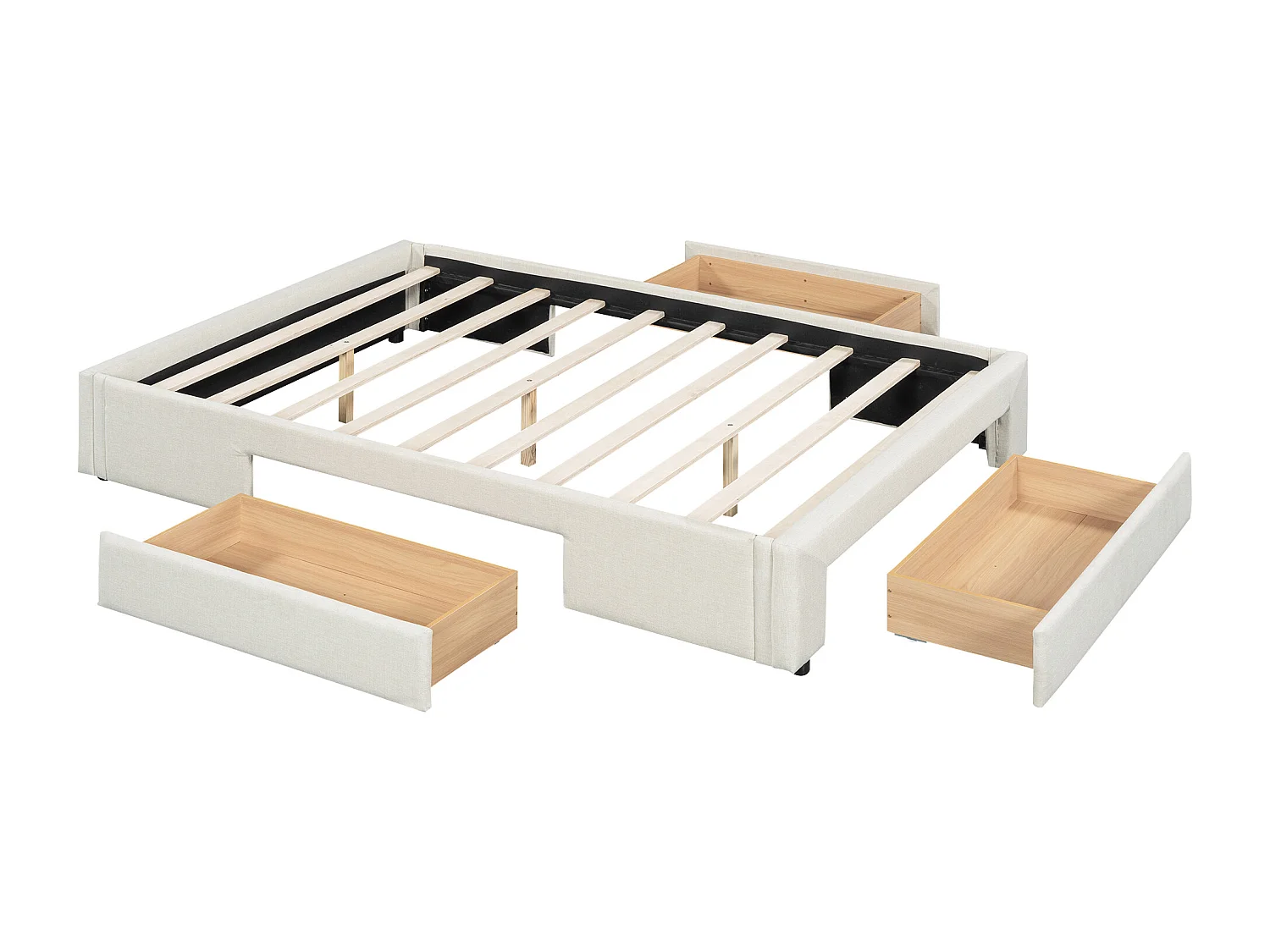 Lit 140 x 200 cm avec 3 tiroirs - Sans tête de lit - Tissu lin - Sommier inclus - Beige