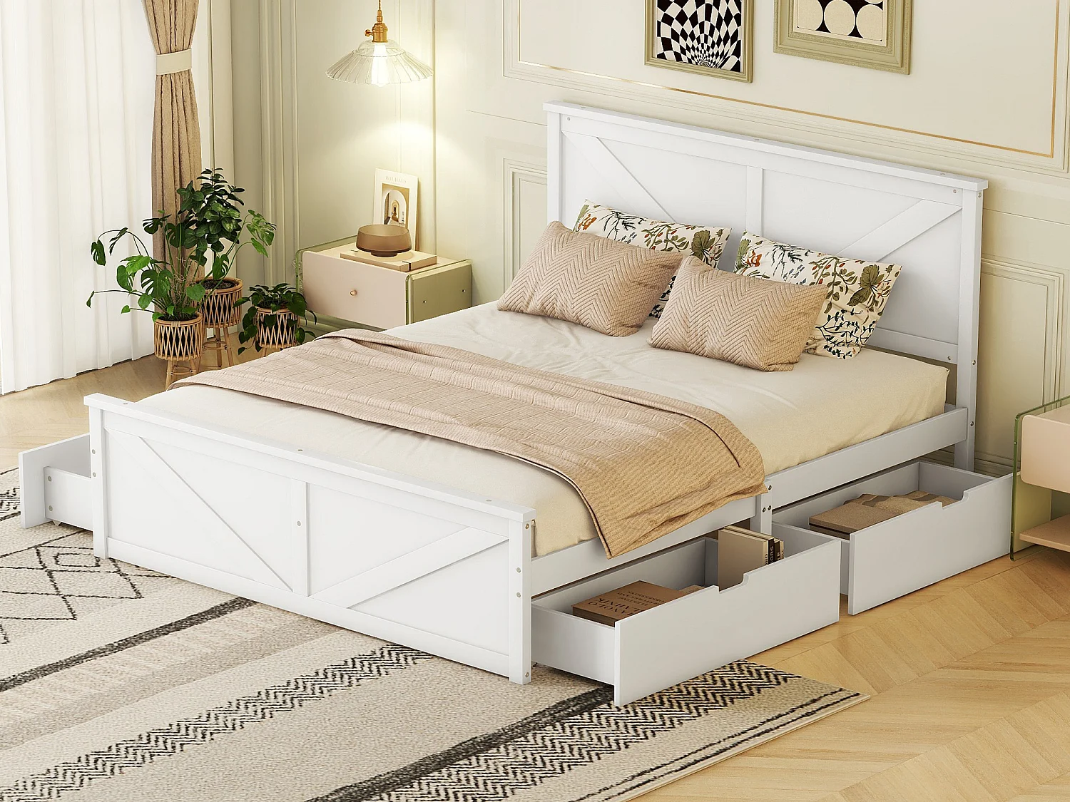 Łóżko podwójne drewniane 160 x 200 cm z 4 szufladami, ze stelażem listwowym, białe