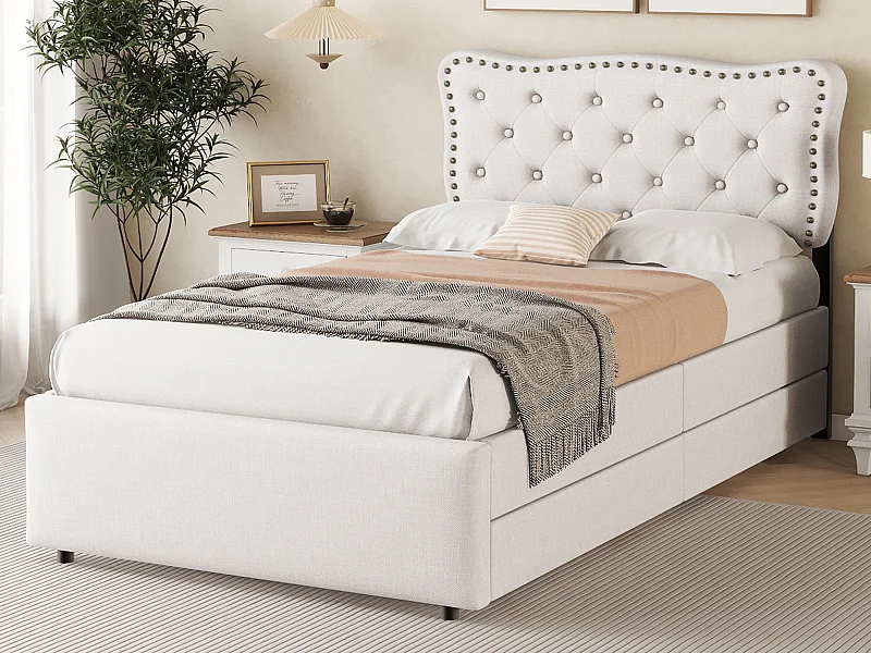 Cama tapizada 90 x 200 cm con 2 cajones, Tapizado de lino con remaches decorativos, Blanco