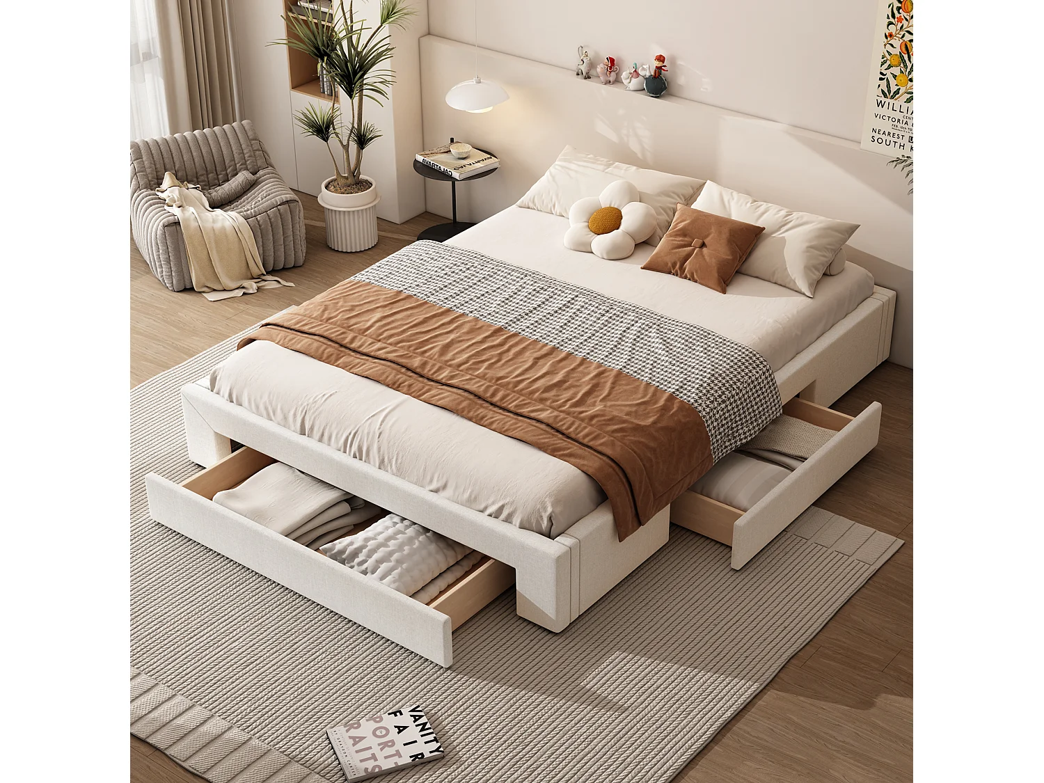 Bed 160 x 200 cm met 3 lades - Zonder hoofdeinde - Linnenstof - Inclusief boxspring - Beige