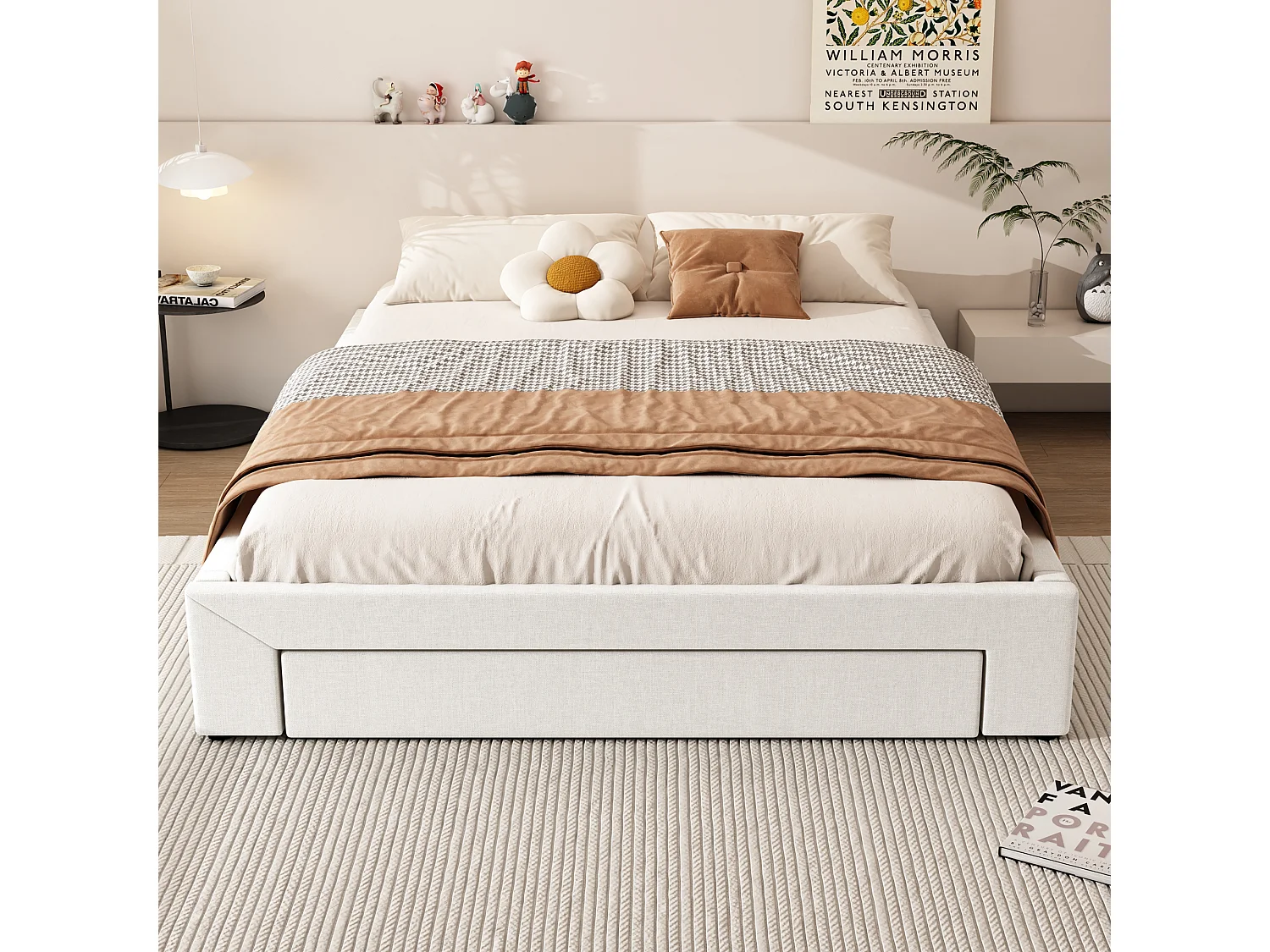 Bed 160 x 200 cm met 3 lades - Zonder hoofdeinde - Linnenstof - Inclusief boxspring - Beige