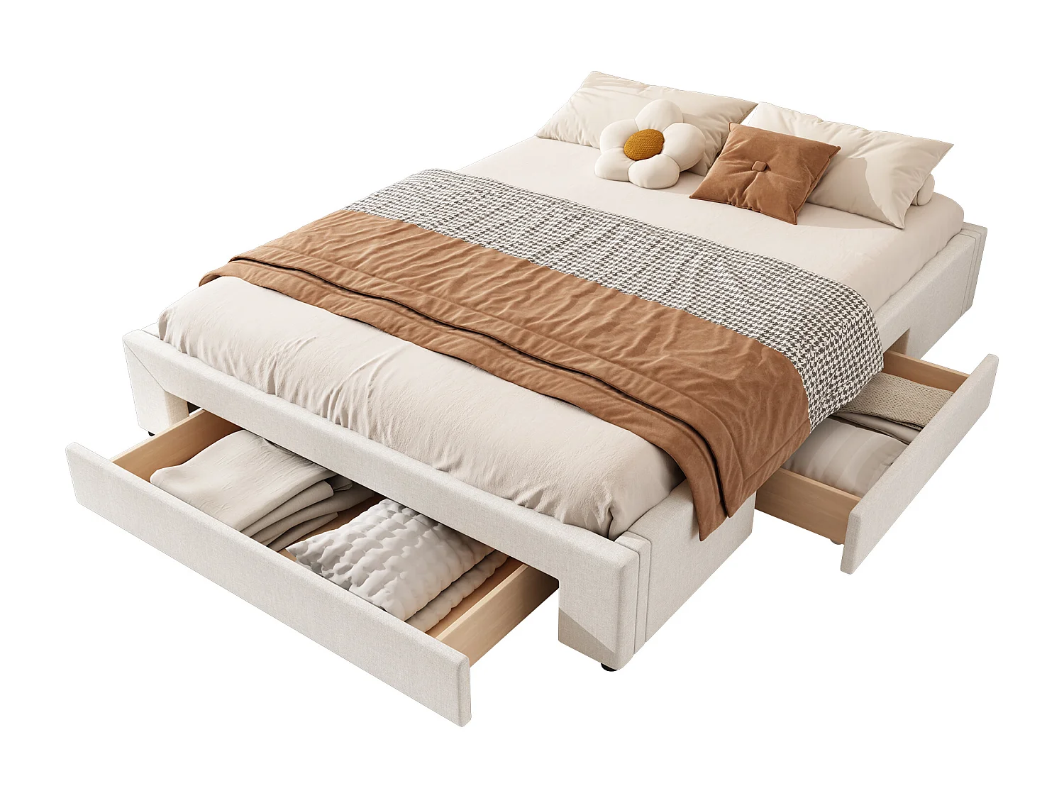 Bed 160 x 200 cm met 3 lades - Zonder hoofdeinde - Linnenstof - Inclusief boxspring - Beige