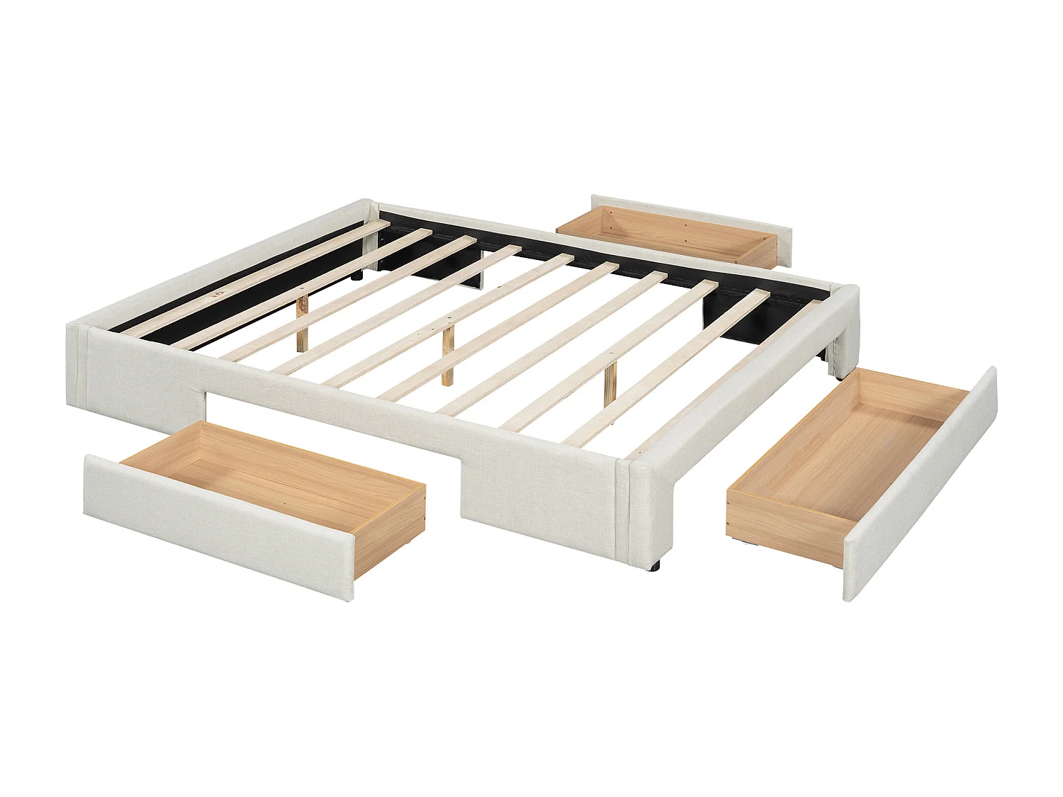 Bed 160 x 200 cm met 3 lades - Zonder hoofdeinde - Linnenstof - Inclusief boxspring - Beige