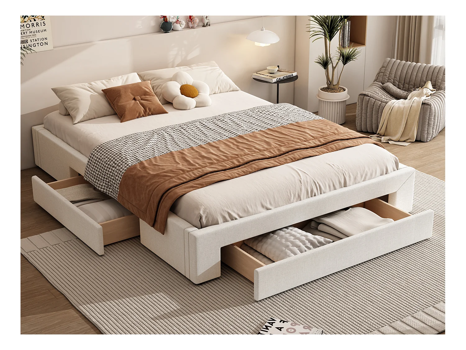 Bed 160 x 200 cm met 3 lades - Zonder hoofdeinde - Linnenstof - Inclusief boxspring - Beige