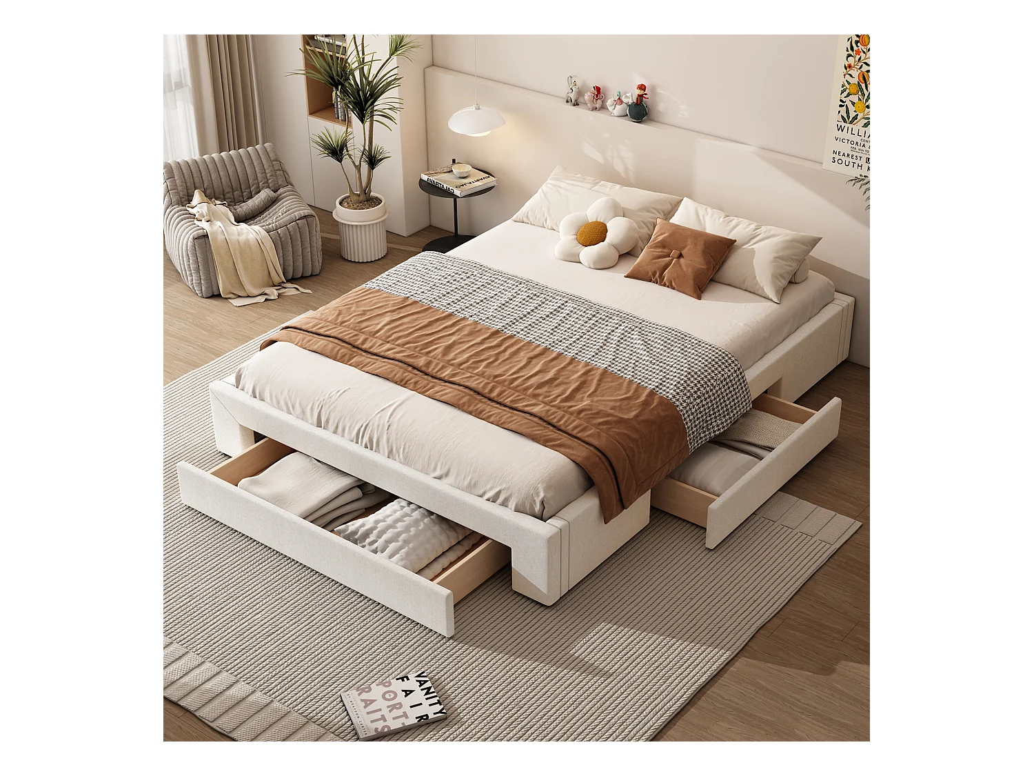 Lit 160 x 200 cm avec 3 tiroirs - Sans tête de lit - Tissu lin - Sommier inclus - Beige