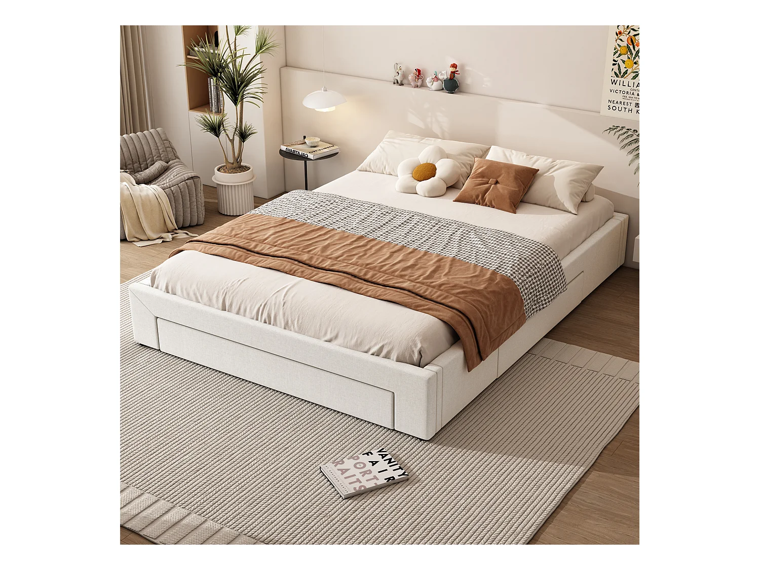 Lit 160 x 200 cm avec 3 tiroirs - Sans tête de lit - Tissu lin - Sommier inclus - Beige