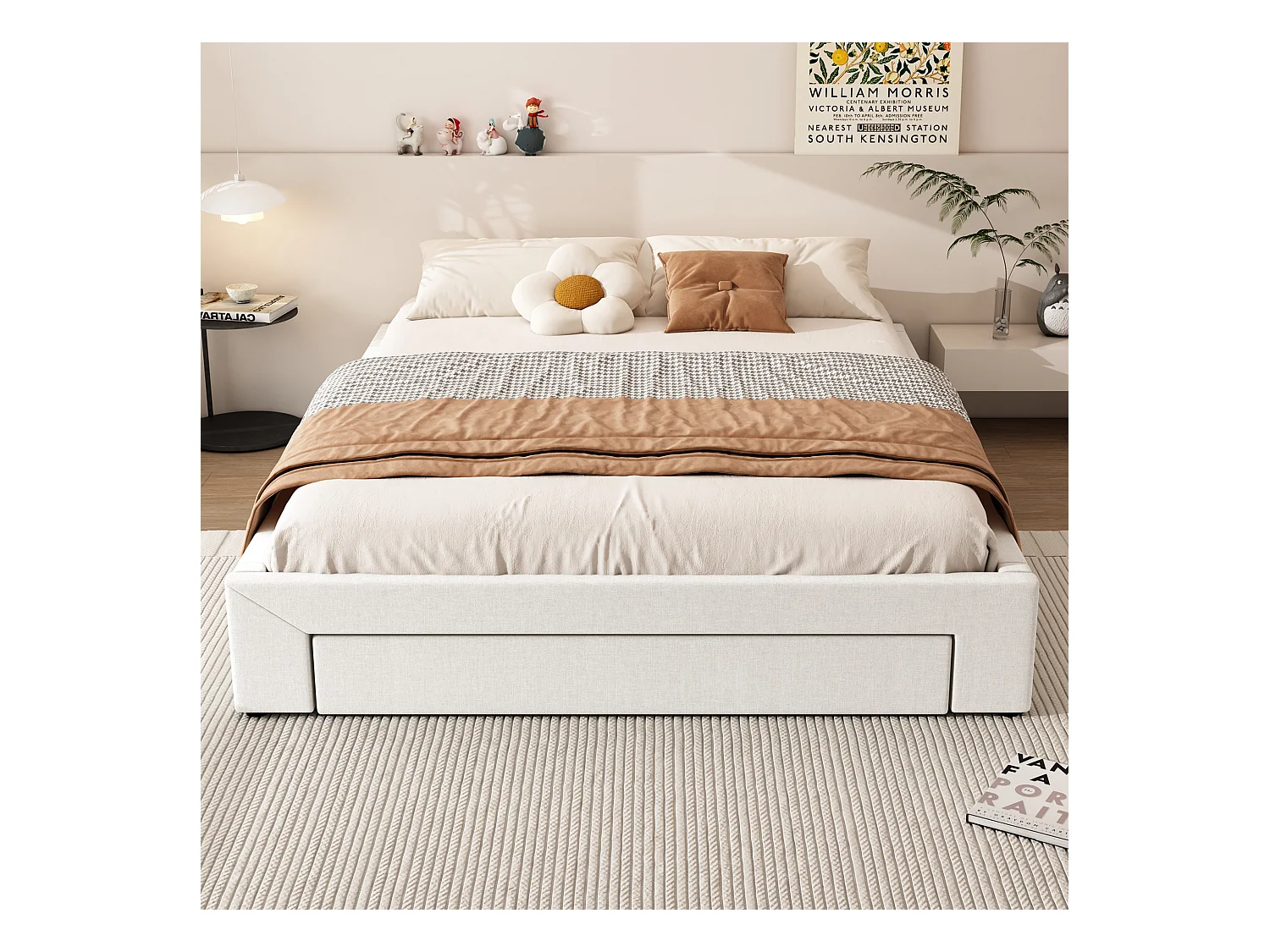 Lit 160 x 200 cm avec 3 tiroirs - Sans tête de lit - Tissu lin - Sommier inclus - Beige