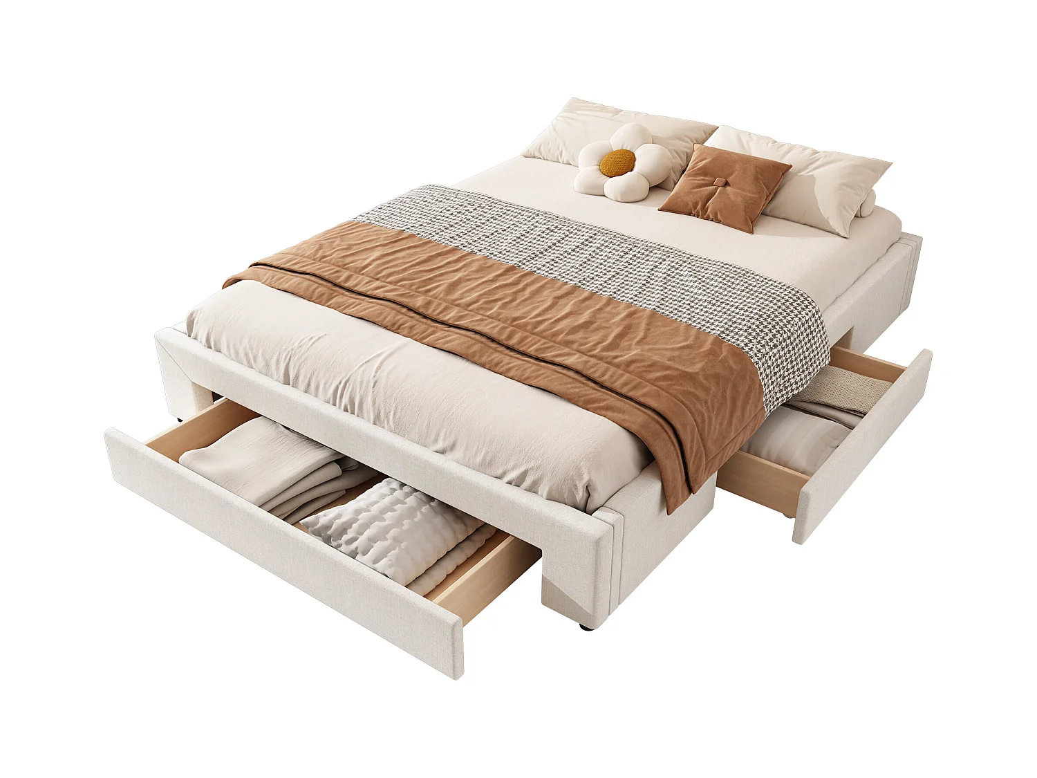 Lit 160 x 200 cm avec 3 tiroirs - Sans tête de lit - Tissu lin - Sommier inclus - Beige