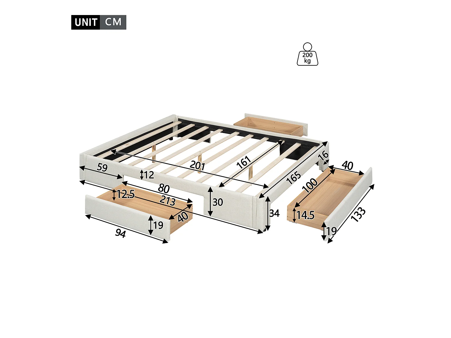 Lit 160 x 200 cm avec 3 tiroirs - Sans tête de lit - Tissu lin - Sommier inclus - Beige