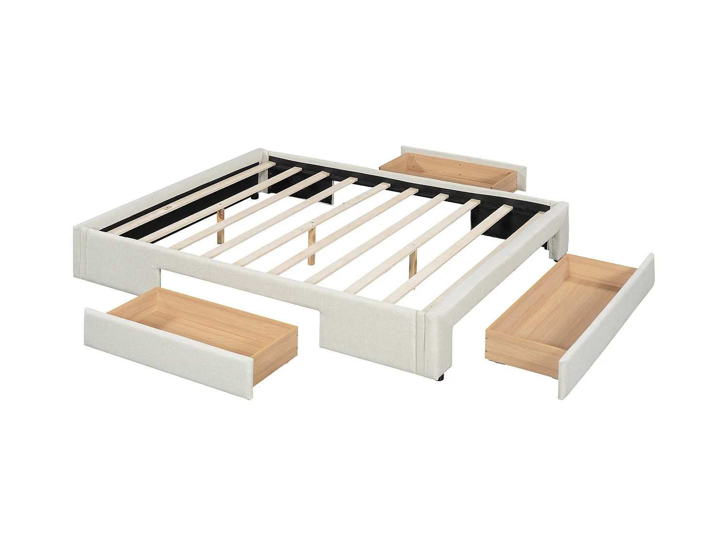 Lit 160 x 200 cm avec 3 tiroirs - Sans tête de lit - Tissu lin - Sommier inclus - Beige