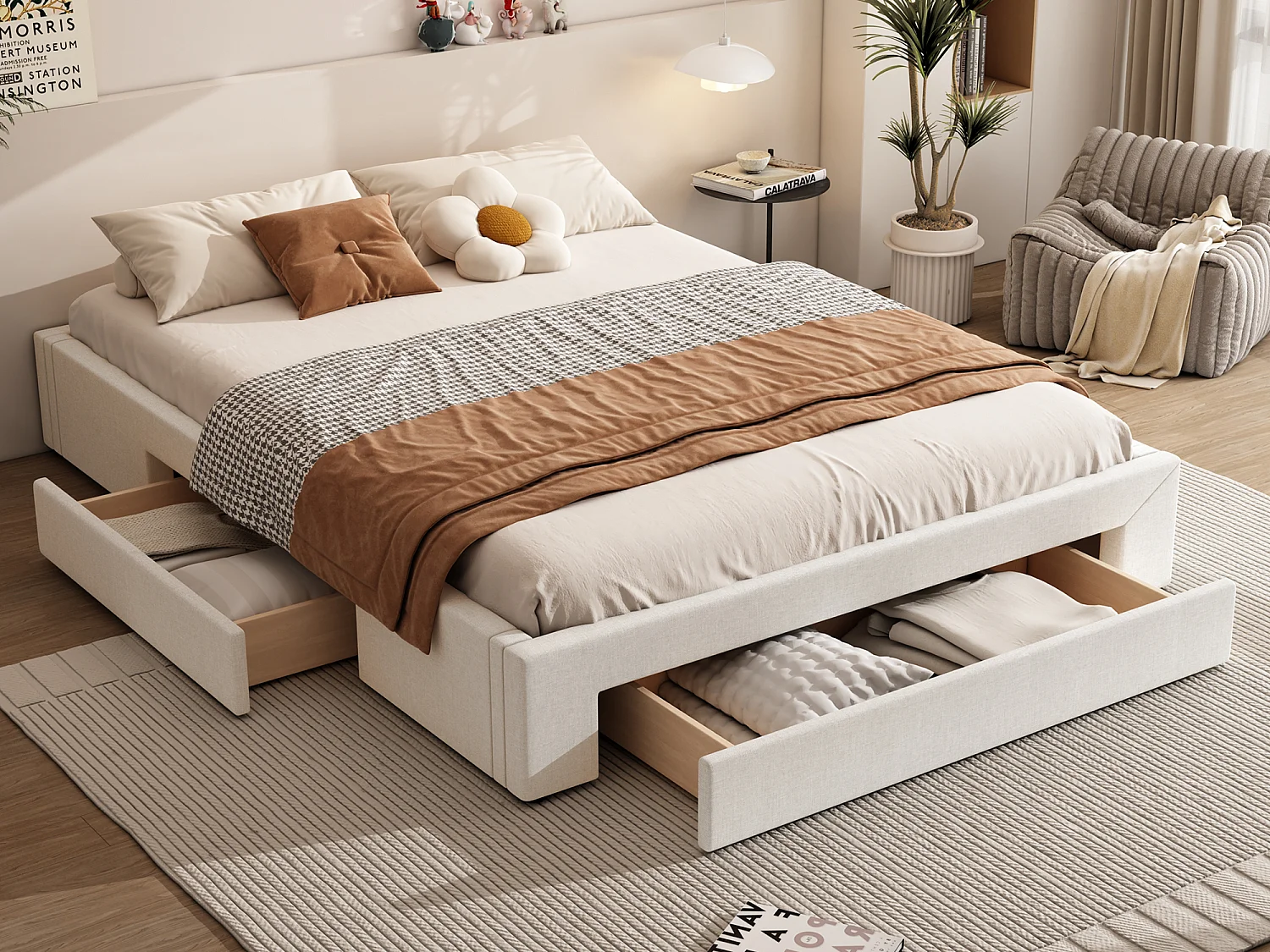 Bett 160 x 200 cm mit 3 Schubladen – Ohne Kopfteil – Leinenstoff – Boxspring inklusive – Beige