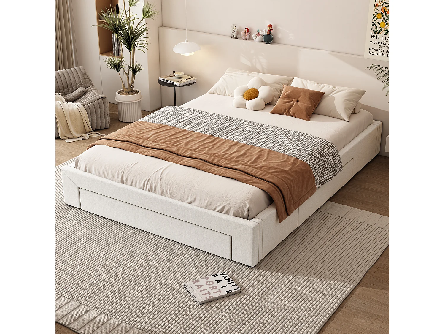 Bett 160 x 200 cm mit 3 Schubladen – Ohne Kopfteil – Leinenstoff – Boxspring inklusive – Beige