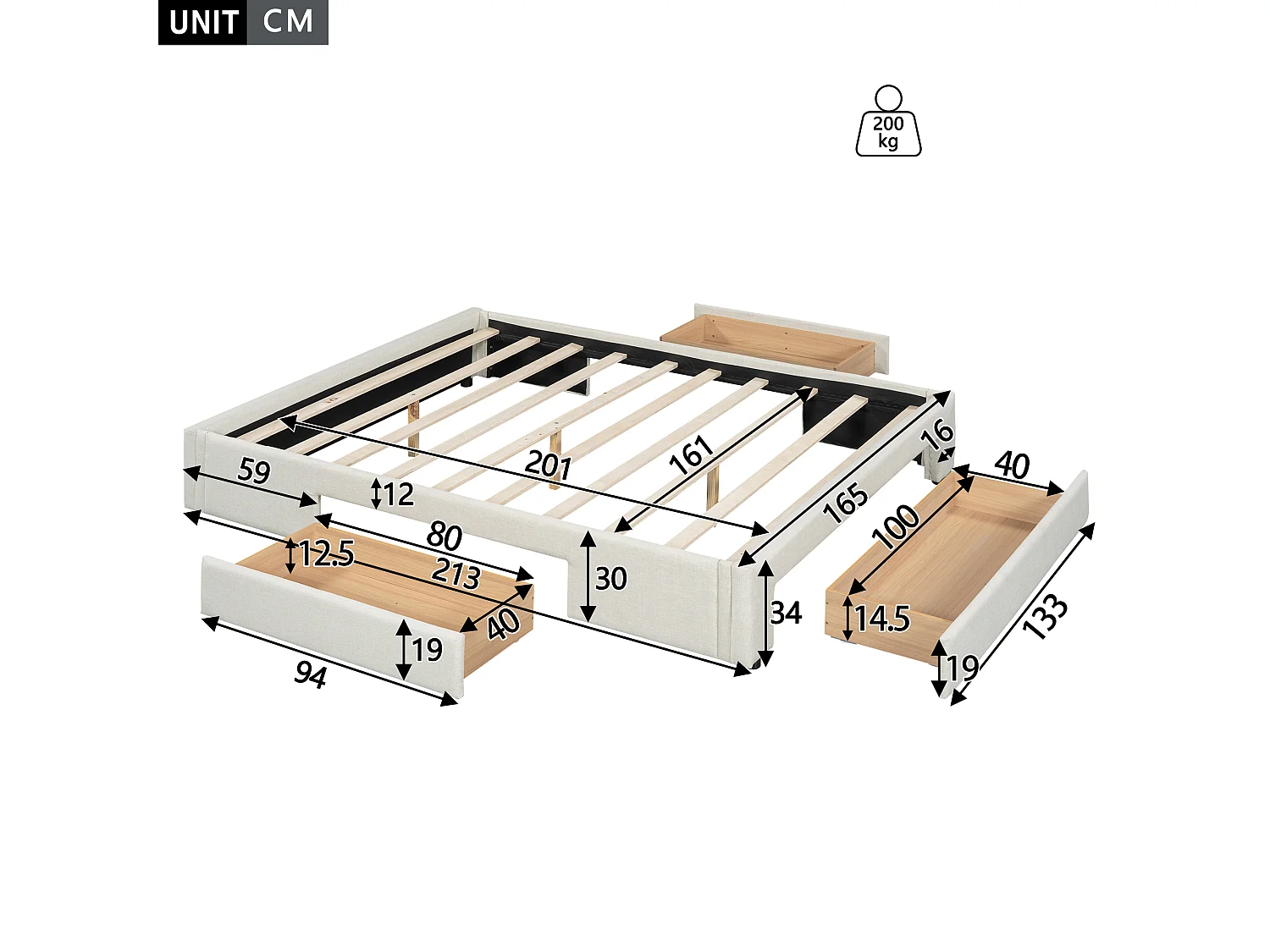 Bett 160 x 200 cm mit 3 Schubladen – Ohne Kopfteil – Leinenstoff – Boxspring inklusive – Beige