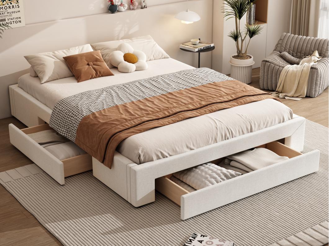 Bed 160 x 200 cm met 3 lades - Zonder hoofdeinde - Linnenstof - Inclusief boxspring - Beige