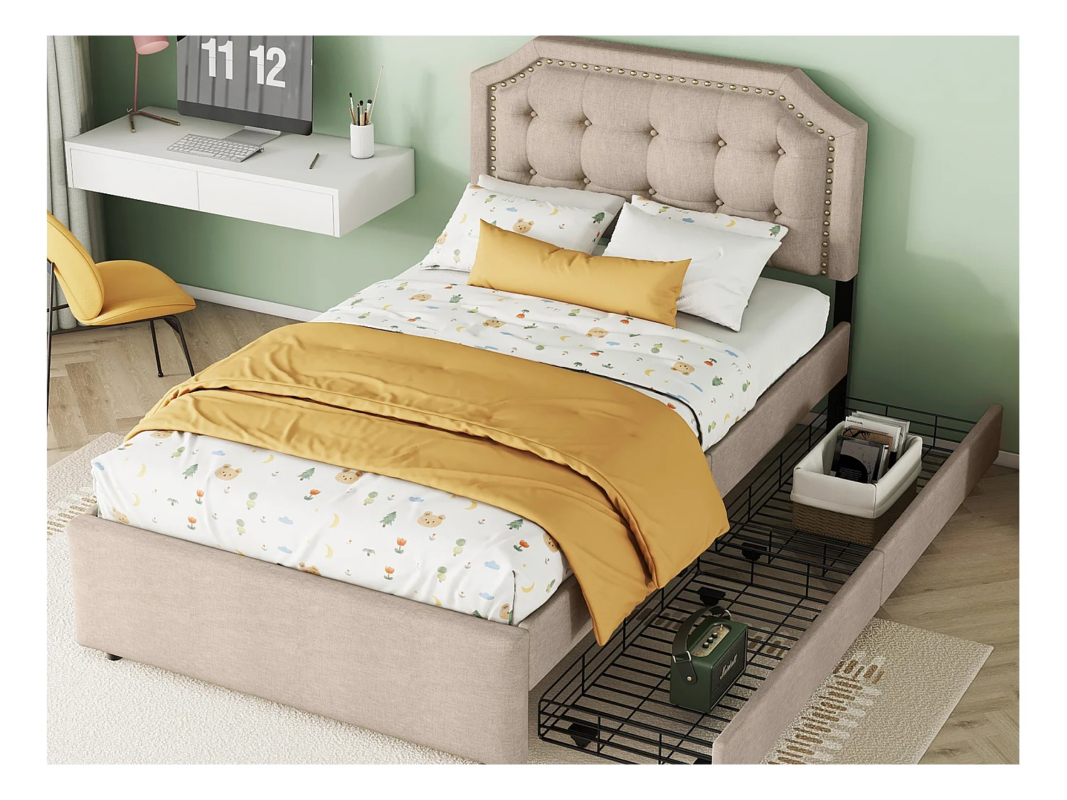 Lit capitonné 90 x 200 cm, revêtement tissu lin avec rivets décoratifs, 2 tiroirs et sommier à lattes, beige foncé