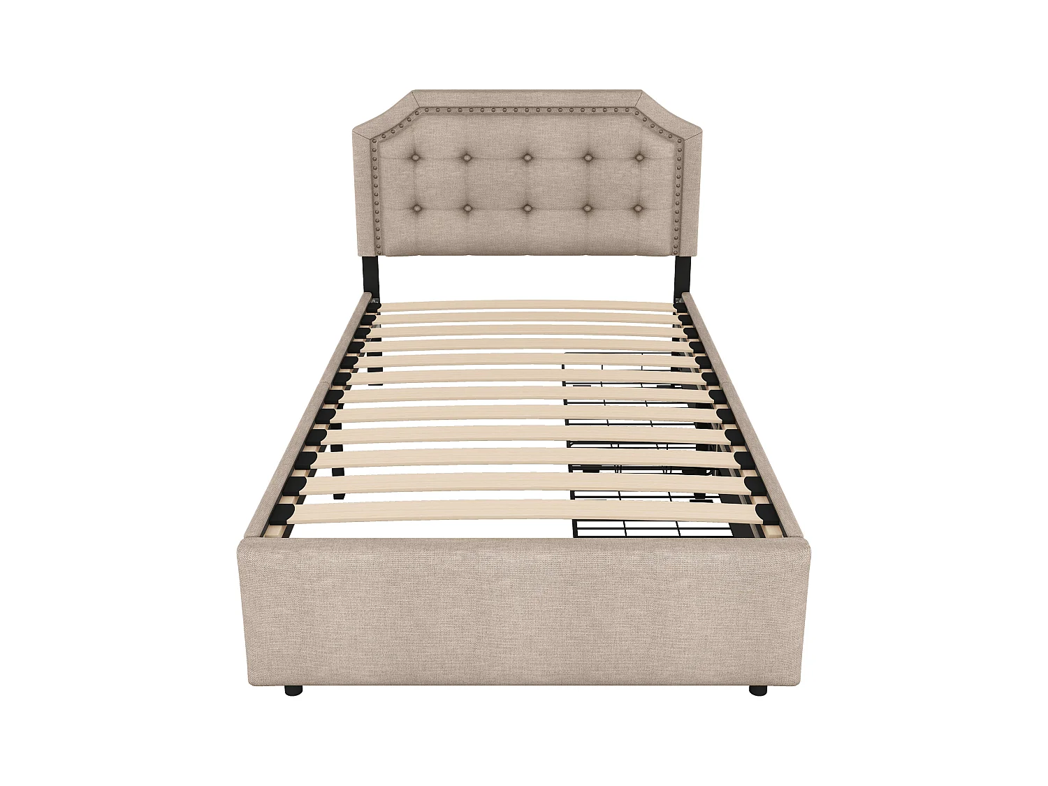 Lit capitonné 90 x 200 cm, revêtement tissu lin avec rivets décoratifs, 2 tiroirs et sommier à lattes, beige foncé