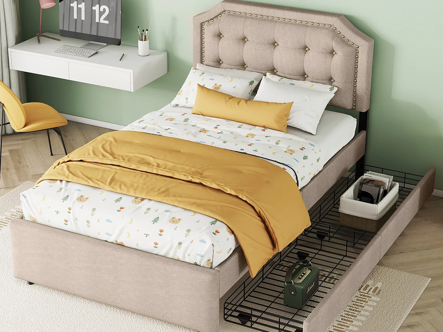 Lit capitonné 90 x 200 cm, revêtement tissu lin avec rivets décoratifs, 2 tiroirs et sommier à lattes, beige foncé