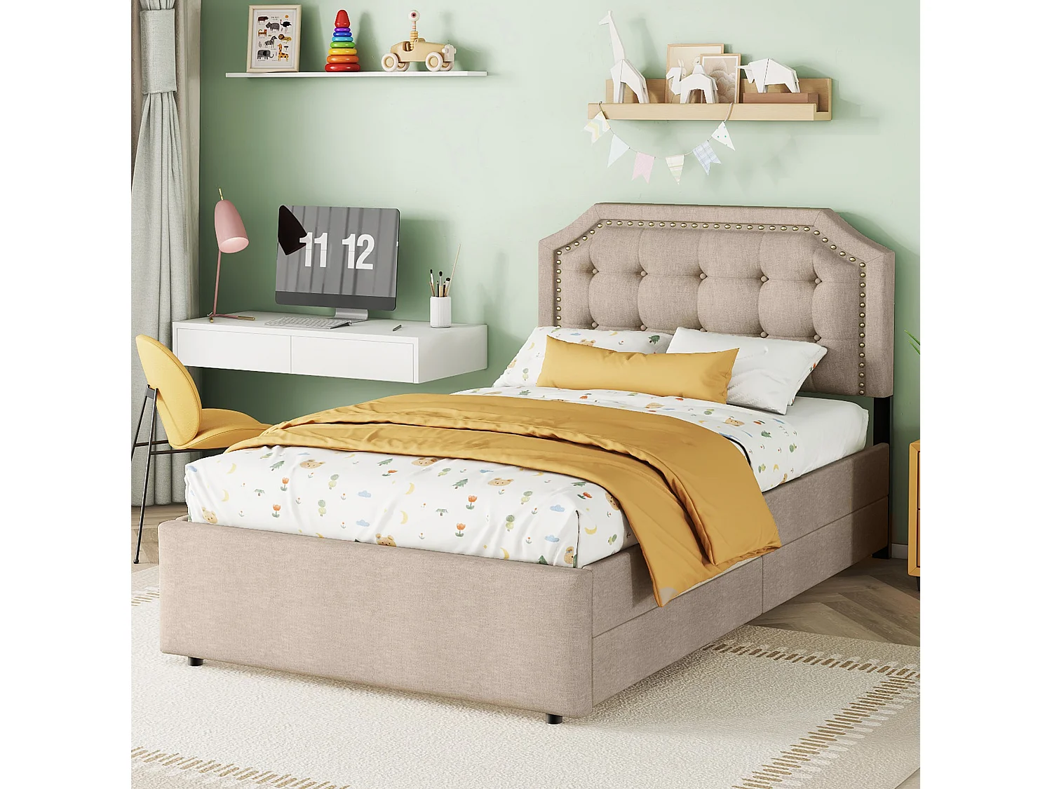 Lit capitonné 90 x 200 cm, revêtement tissu lin avec rivets décoratifs, 2 tiroirs et sommier à lattes, beige foncé