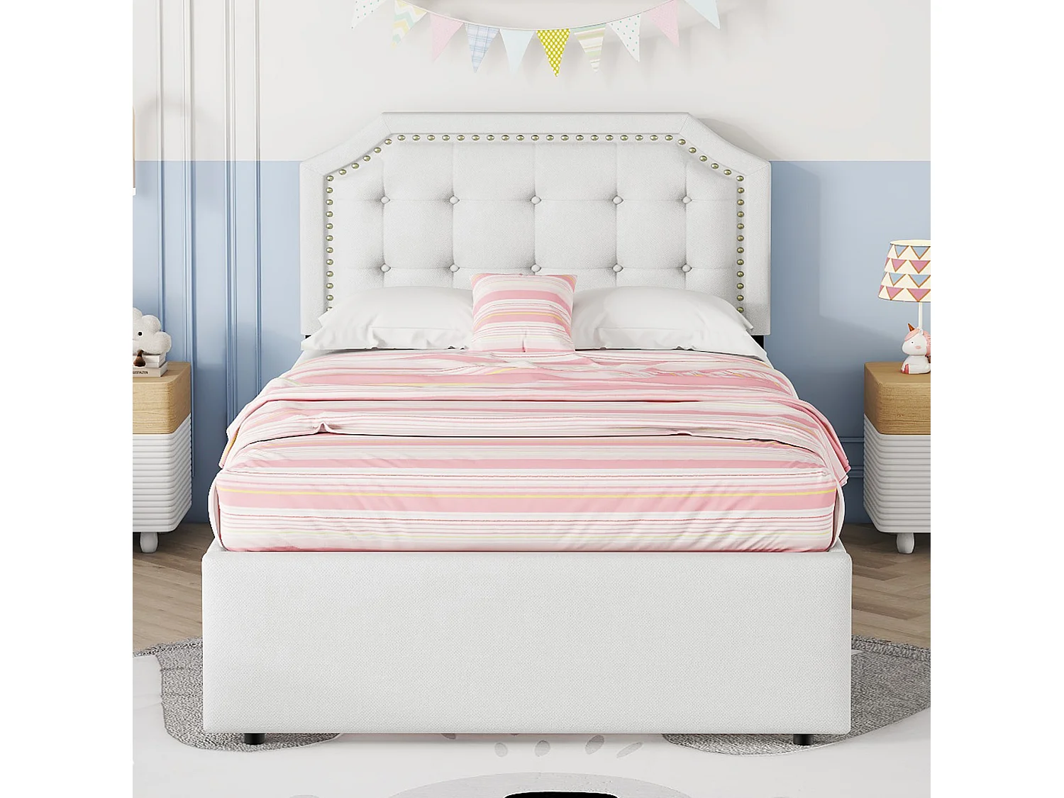 Gestoffeerd bed 90 x 200 cm, linnen bekleding met decoratieve klinknagels, 2 lades en lattenbodem, lichtbeige