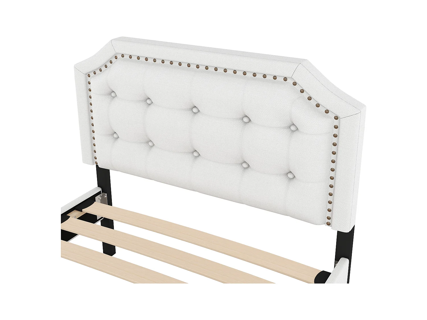 Gestoffeerd bed 90 x 200 cm, linnen bekleding met decoratieve klinknagels, 2 lades en lattenbodem, lichtbeige